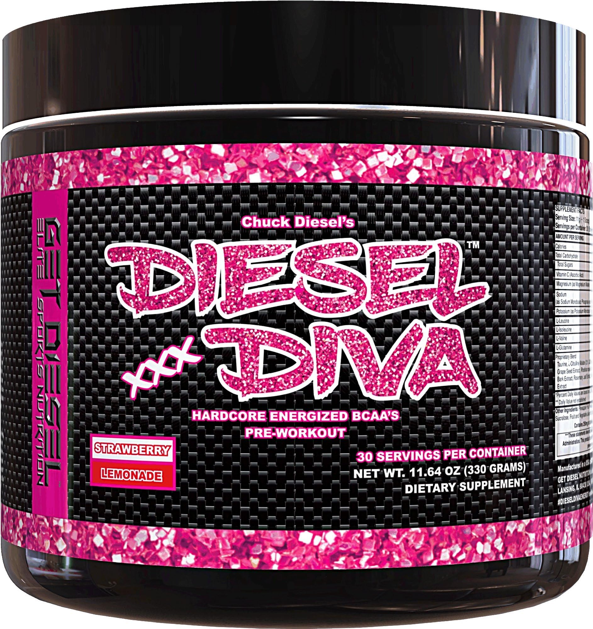 Women Preworkout Energizer and Energy Shot Strawberry Lemonade Diesel Diva Energized BCAAs with no Artificial Flavors or Colors. 3 Grams Vegan Friendly Fermented BCAAs. 330 Grams