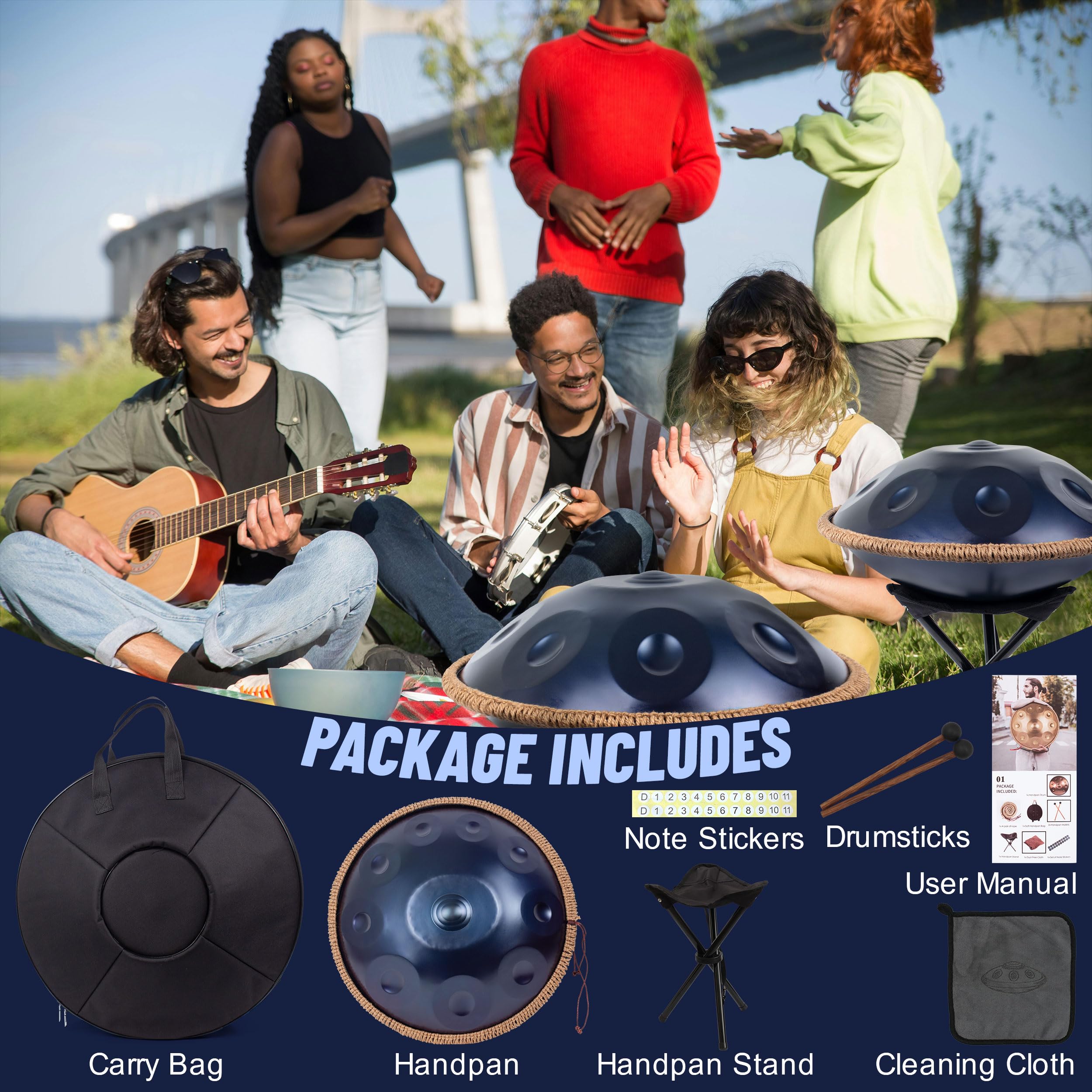 Handpan, Steel Drum, Hand Pan, Tamburo in Acciaio, Blu | 432HZ 19 Pollici 48cm 10 Note D Minore Principiante Handpan Drum per Meditazione e Yoga, Tamburo a Mano con Borsa e Supporto