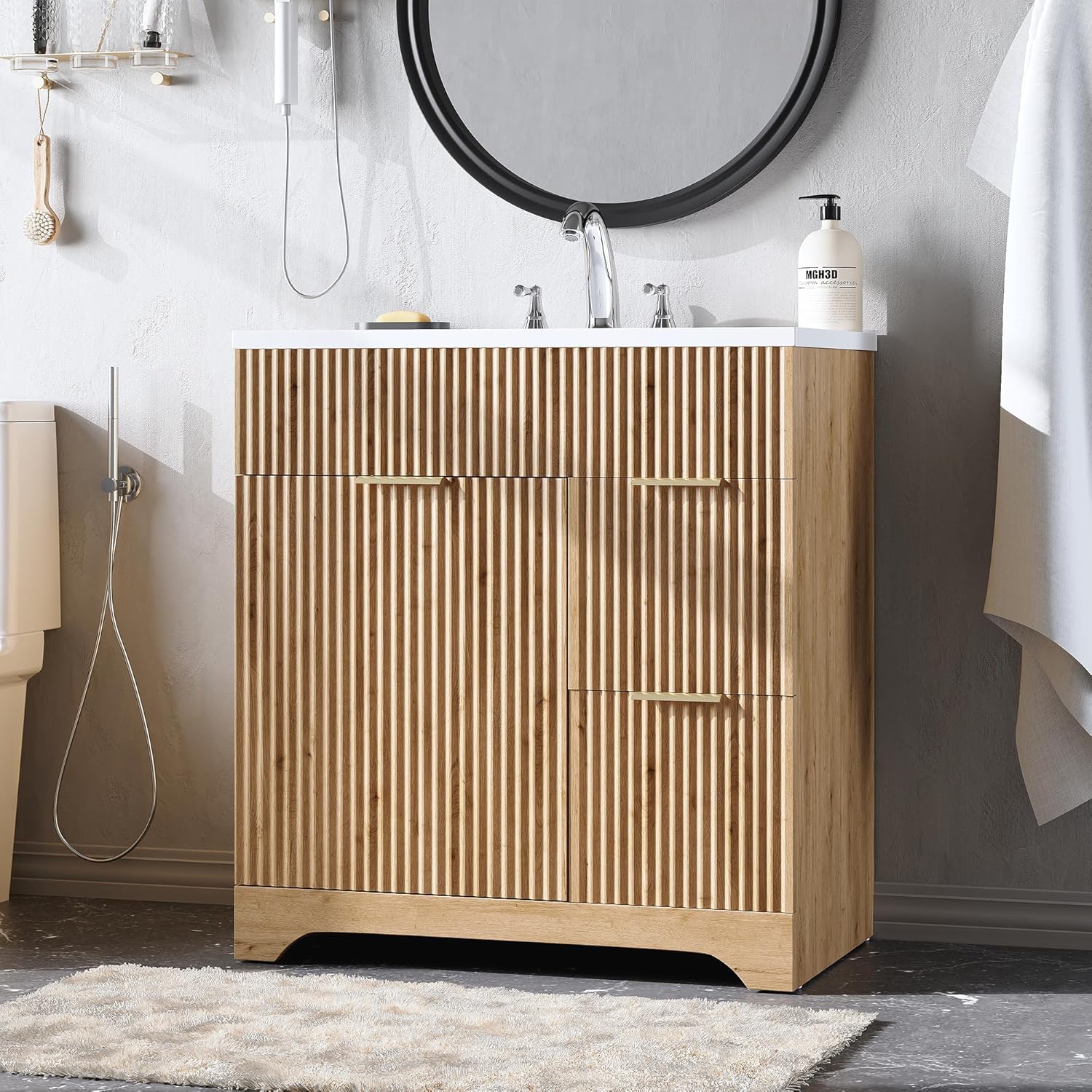 LINLUX 31” Bathroom Vanity with Ceramic Sink, Fluted Wood Storage Cabinet, Large Drawer & Cabinet for Bathroom Organization, Easy to Clean & Install, Natural Wood