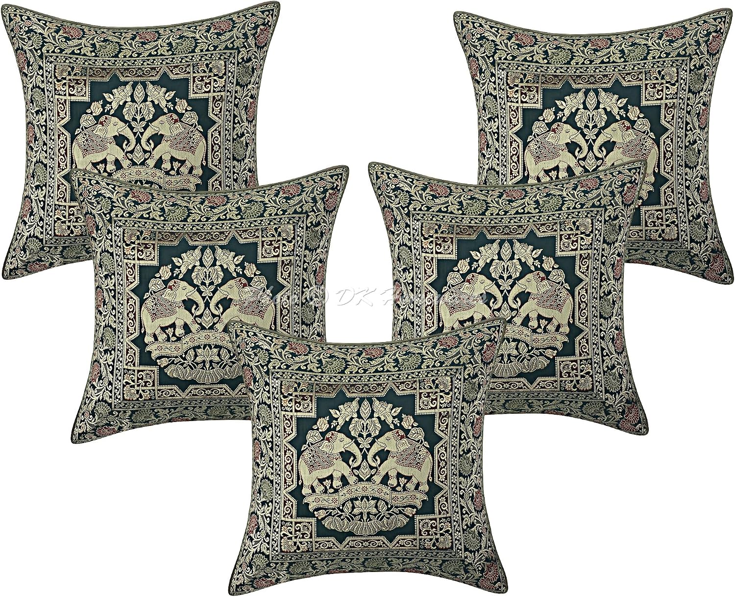 Ethnic Throw Pillowcases 16x16 Inch Brocade Jacquard Weave Decorative Square Elephant Cushion Covers (Size - 40x40 cm ; Color: Dark Green & Gold) - Set of 5 Pcs (Cover Only)