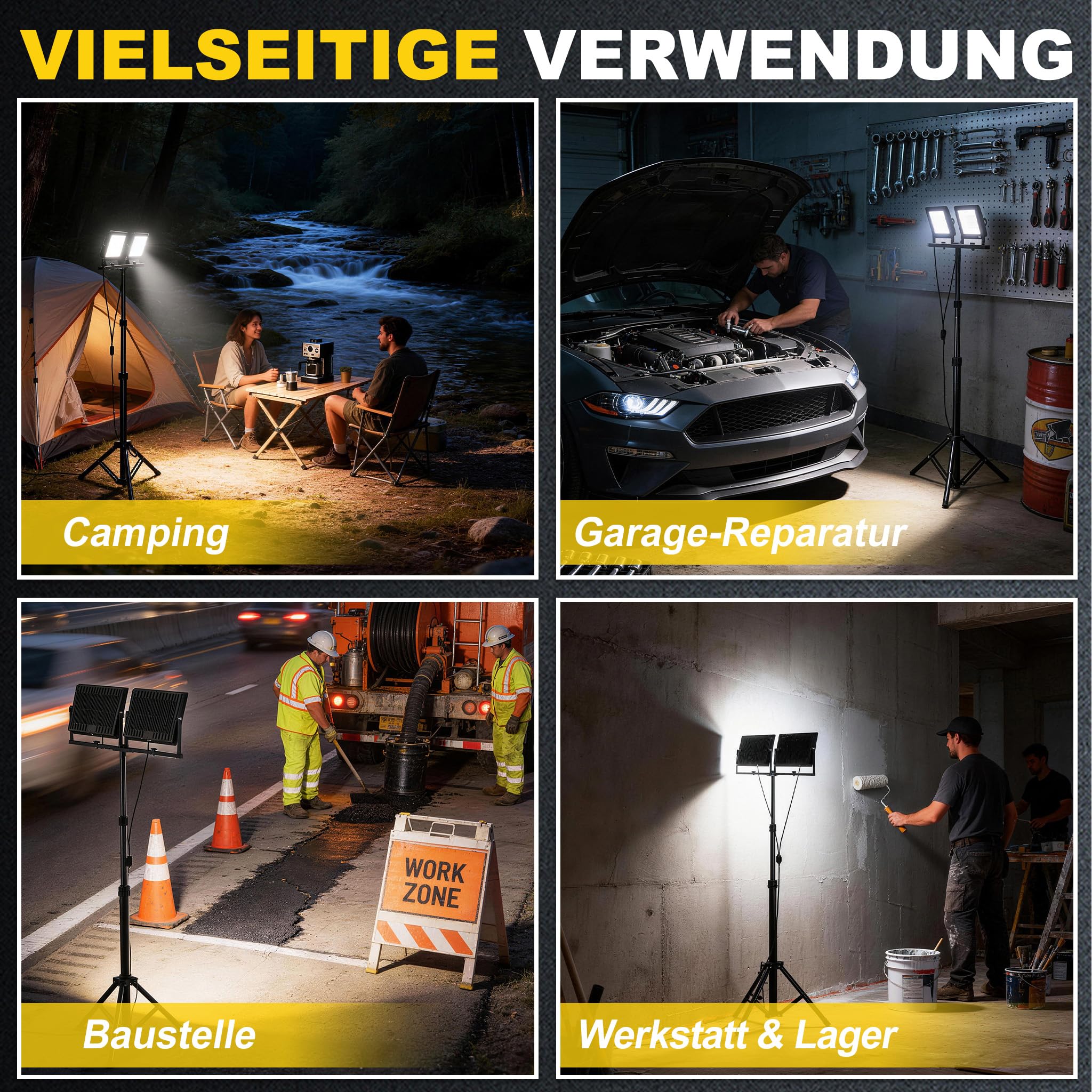 XMTECH LED Baustrahler 2×200W mit Teleskop-Stativ, IP66, 2 Fluter, Fernbedienung, dimmbar, 6000–6500K, 120° Abstrahlwinkel, 220V, flimmerfrei, robust für Baustelle, Garage, Außenbeleuchtung