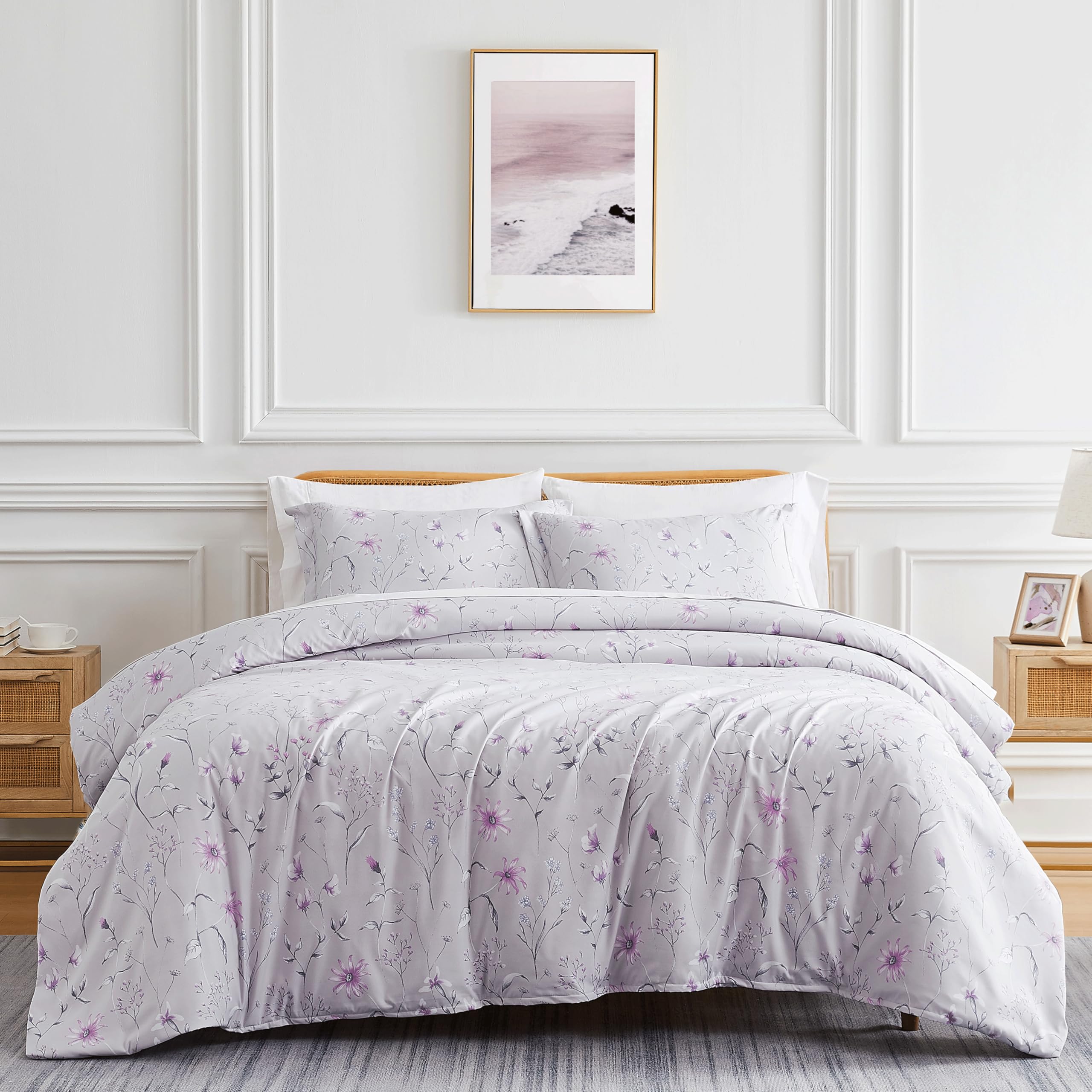 Southshore Fine Living, Inc. Floral Duvet Cover King/California King, Hotel Quality King Size Bedding Set, Easy Care - 1 King/Cal King Duvet Cover, 2 Pillow Shams - Secret Meadow Grey