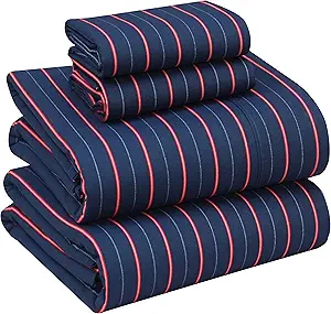 RUVANTI 100% Cotton Sheets Queen Size Set, 4 Pieces, Soft & Breathable Percale Weave Bedding, Deep Pocket 16", Hotel Standard, Crisp Cool Feeling, Durable, Perfect Striped Bed Sheet, Nautical