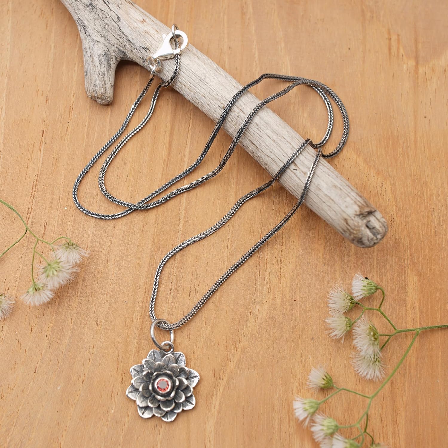 NOVICA Artisan Handmade Garnet Necklace Floral .925 Sterling Silver Pendant Red Indonesia Birthstone 'Sacred Red Lotus'
