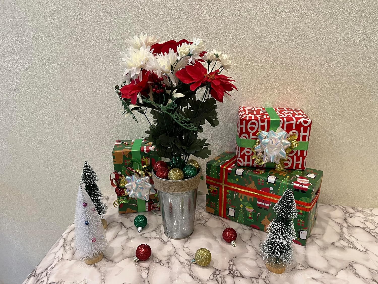 Admired by Nature 14 Stems Artificial Poinsettia Carnation Bouquet Bush - Faux Christmas Flowers for Holiday Home Decor, Indoor Outdoor Arrangements, Weddings, Events - White/Red Set of 2