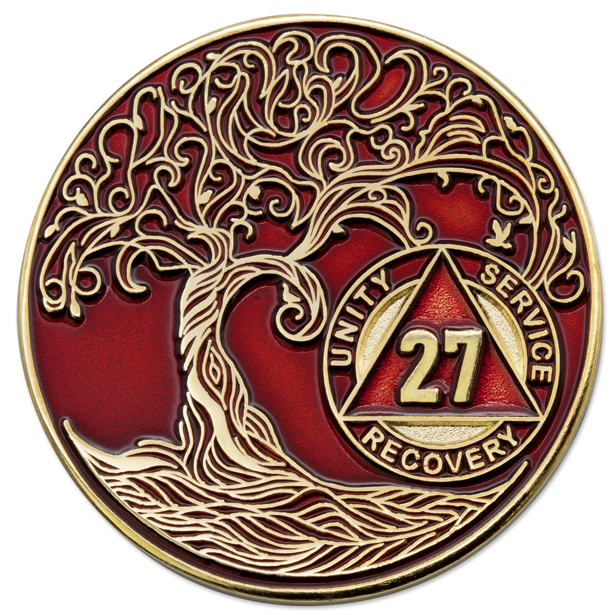 1 to 50 Year Twisted Tree of Life Sobriety Coin - Gold Plated AA Chips & Medallions - 27 Year Sobriety Coin - Red