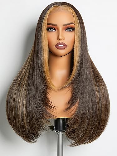 GORGIUS Dark Brown with Blonde Highlight Lace Wigs Long Straight