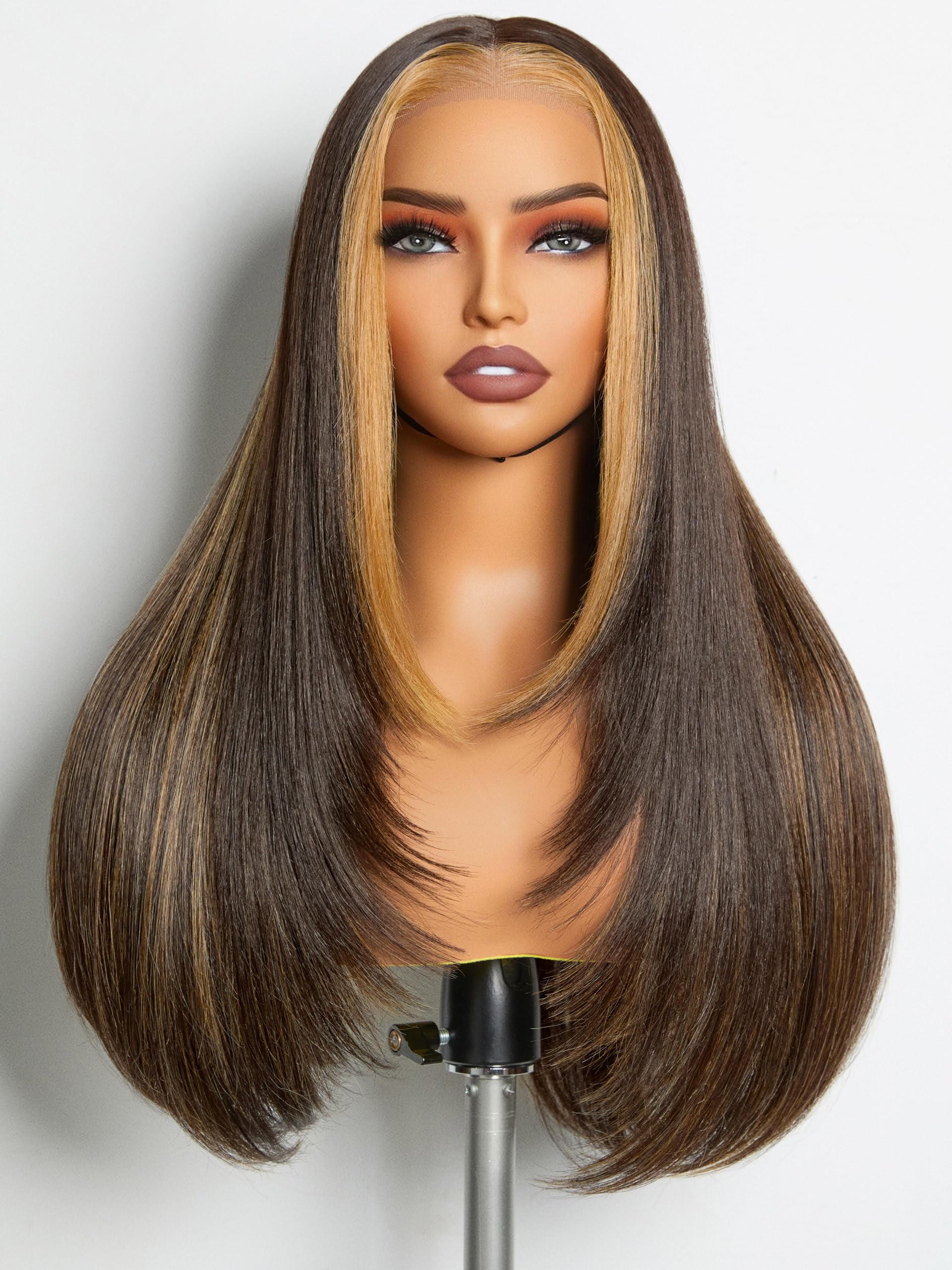 GORGIUS Dark Brown with Blonde Highlight Lace Wigs Long Straight Layered Wig Pre Cut Glueless Closure Wig Middle Part Ombre Hairstyle Upgraded with
