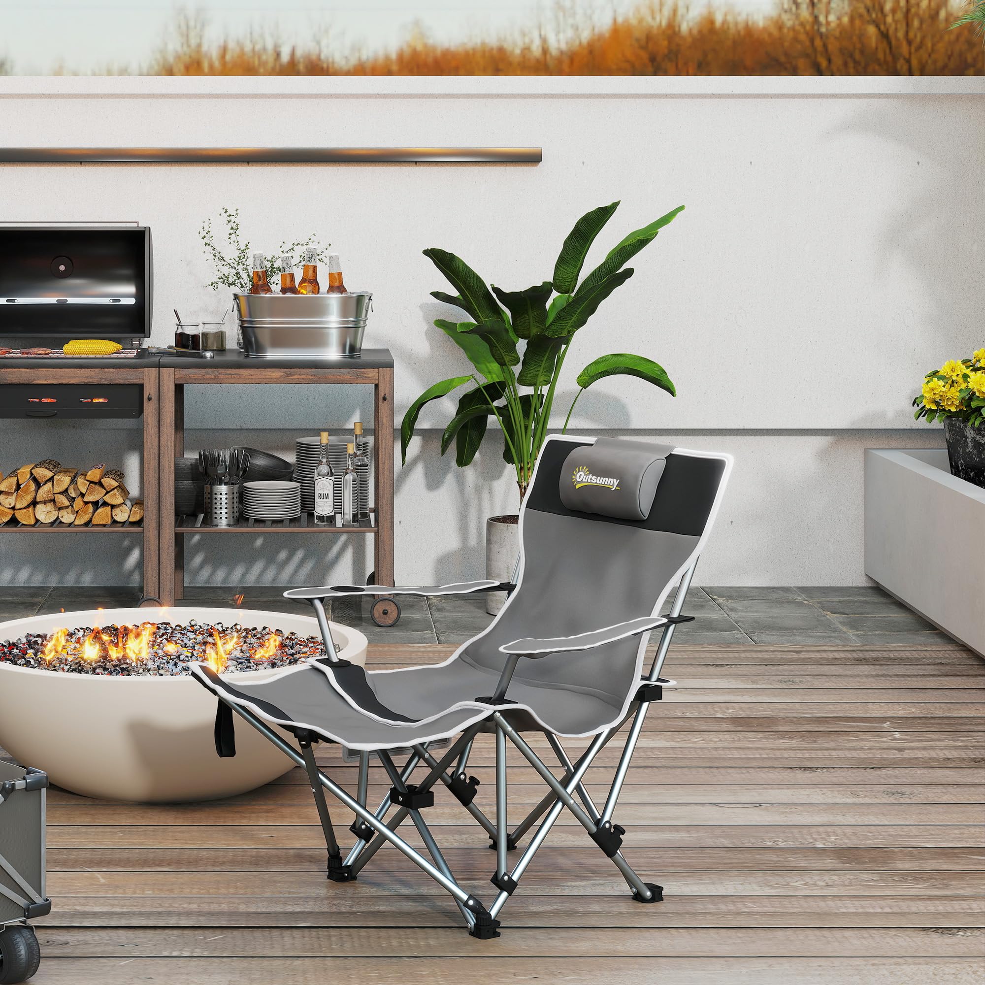 Outsunny Sedia da Campeggio Pieghevole con Poggiapiedi Staccabile, Portabicchieri e Tasca Laterale, Sedia da Giardino in Tessuto Oxford e Metallo, Portata Fino a 120 kg, 82x100x88 cm, Grigio