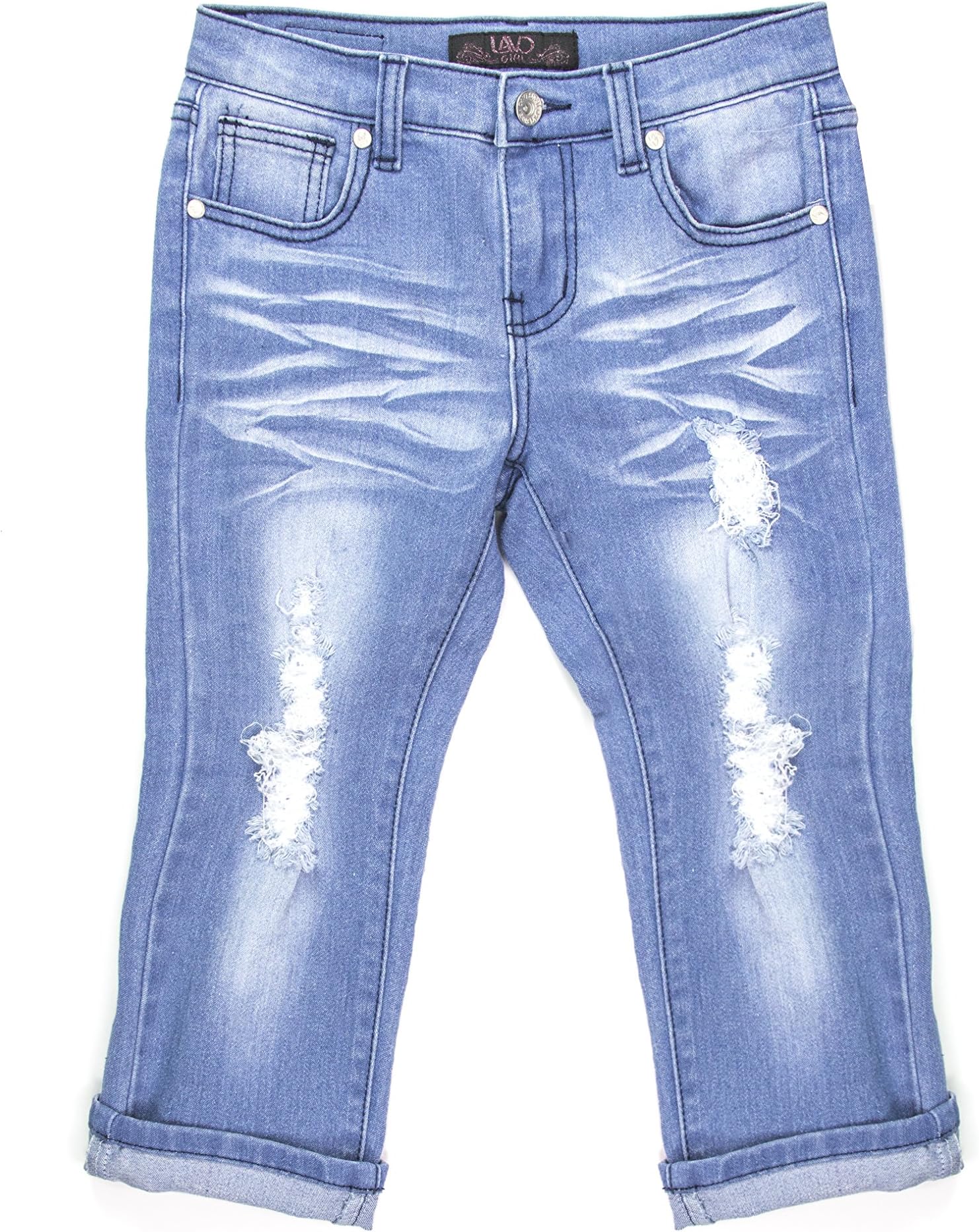 LAVO Girls Super Soft Stretch Fashion Capri Jeans with Rips Tears & Whiskers Medium Blue Wash Denim Size 6