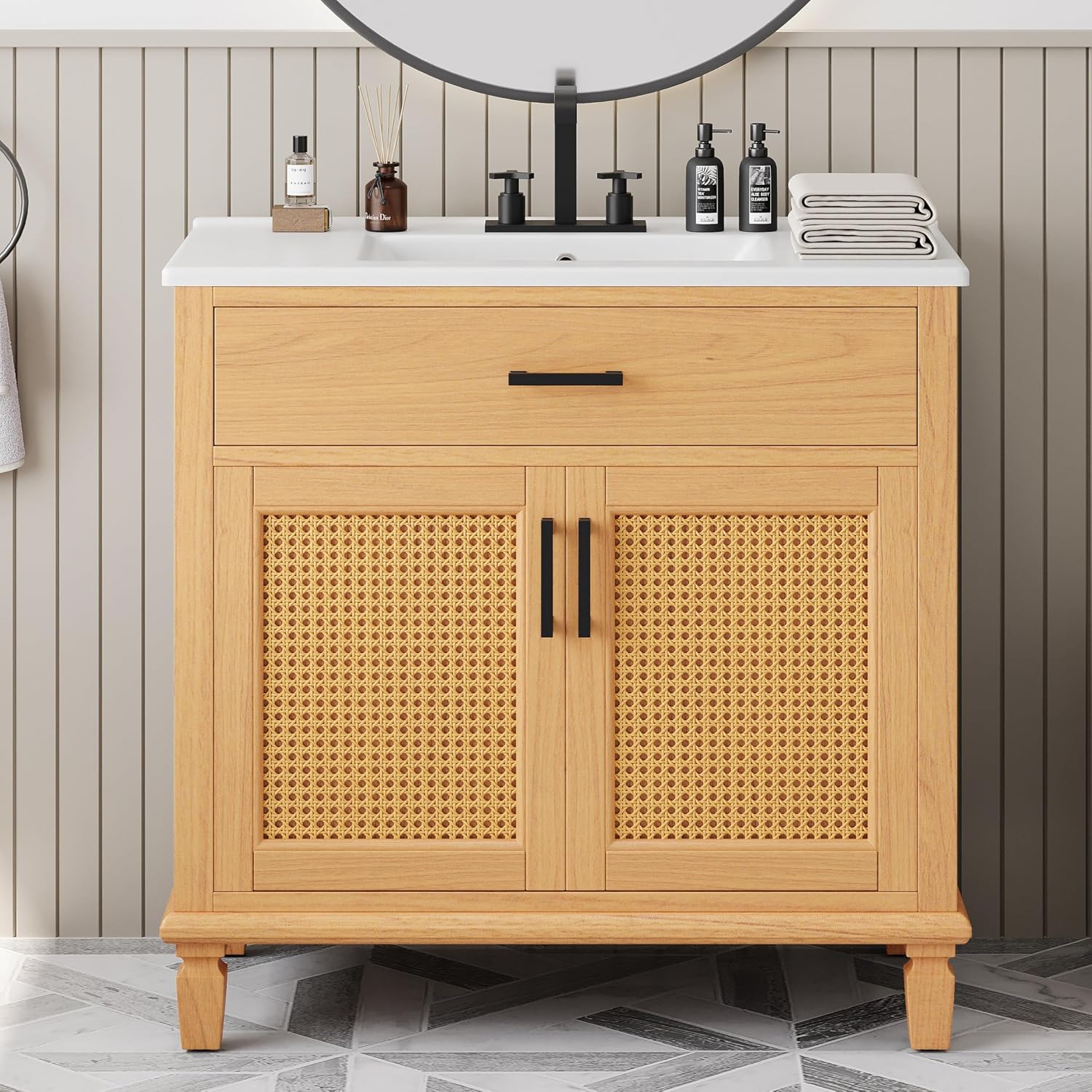 Christopher Knight Home Jones 36" Bathroom Vanity with Ceramic Sink, Freestanding Bathroom Storage Cabinet, Wooden Bathroom Vanity Organizer, Pedestal Sink Storage Cabinet,Drawer+Rattan Door, Natural