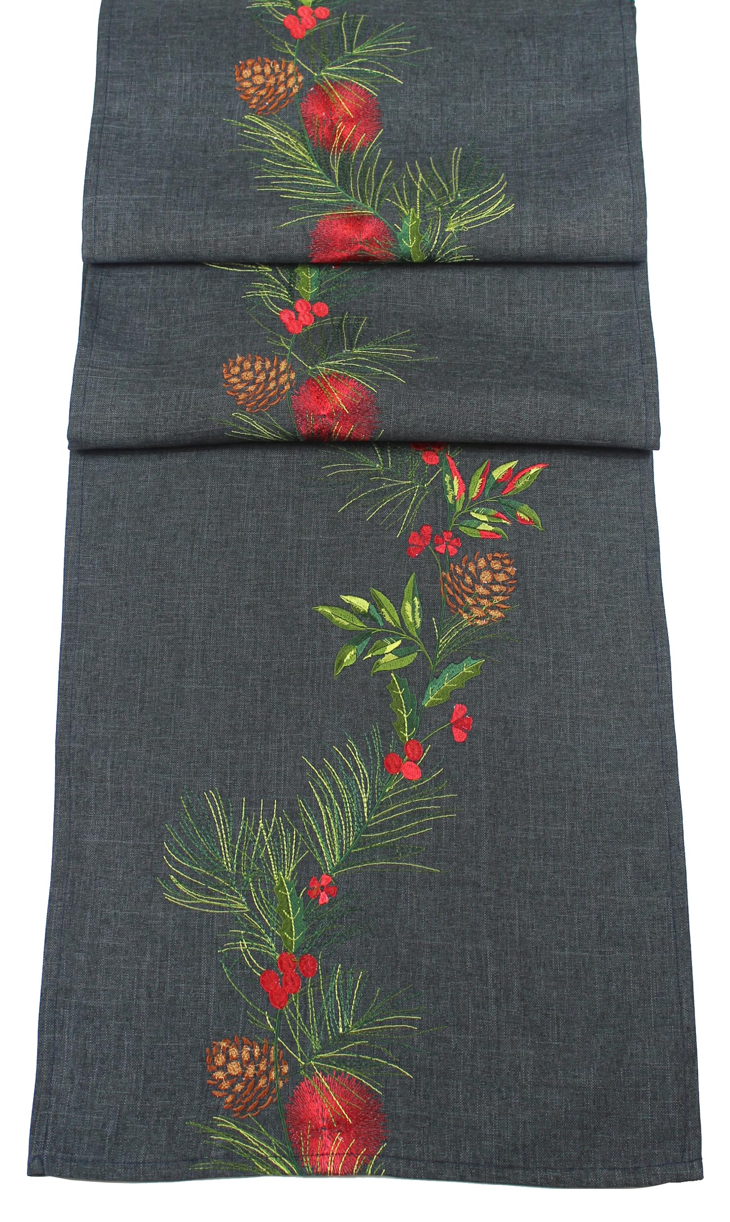 Peggy Wilkins Pewter/Multi Winter Pines Embroidered Christmas Table Runner - 14" X 75"