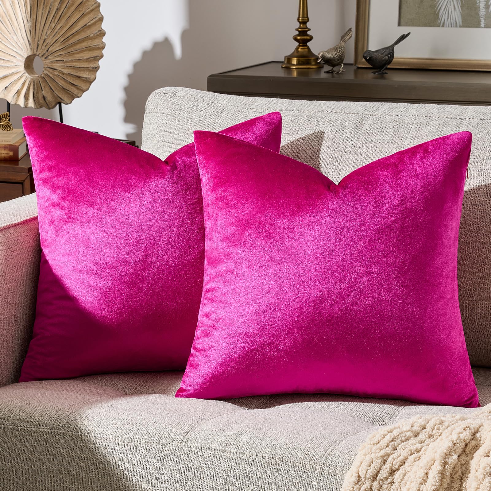 GIGIZAZA 18x18 Pillow Covers Set of 2 Velvet Throw Pillows Decorative Hot Pink Covers for Couch Sofa Bedroom Pillowscase