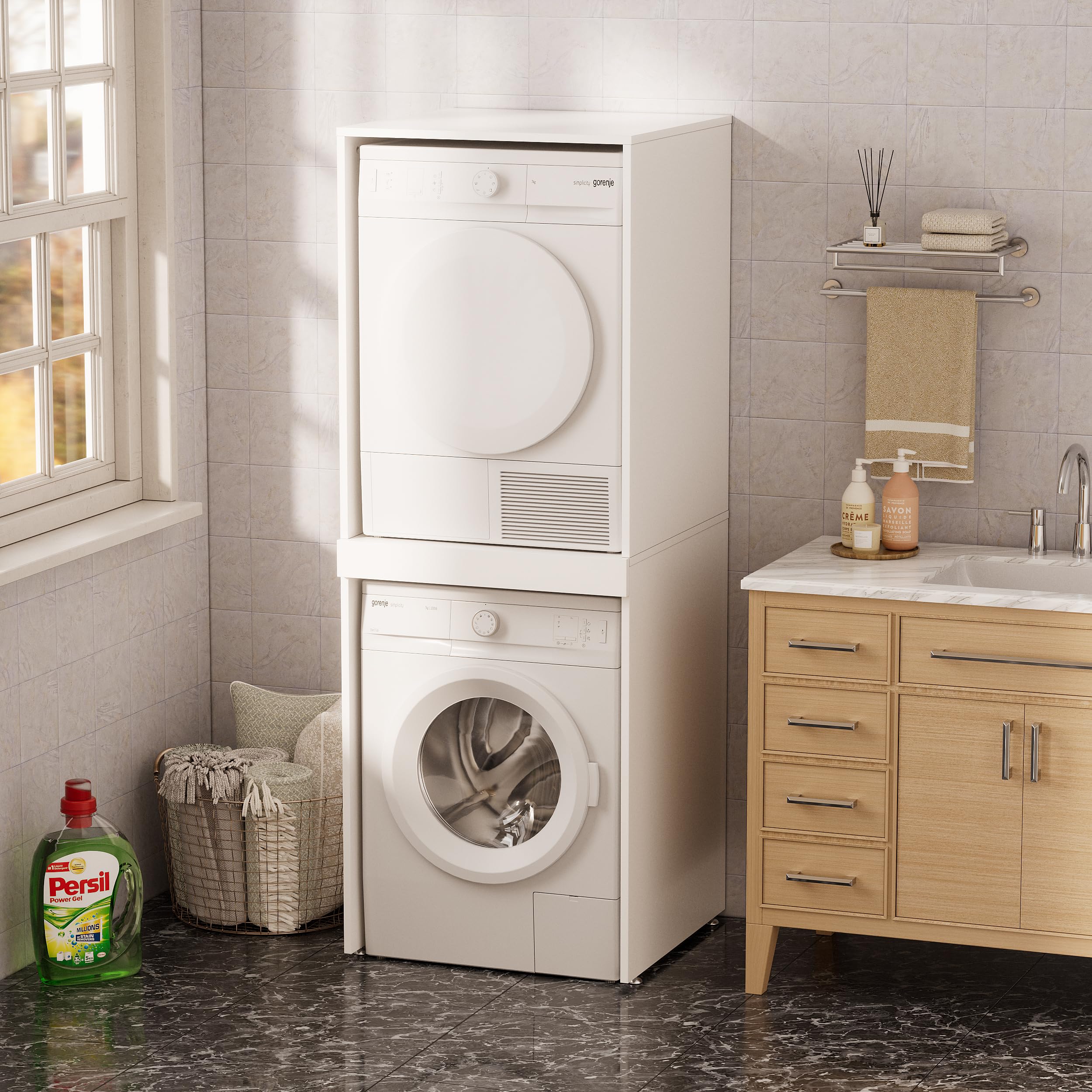 Version Améliorée Armoire pour Machine à Laver et Sèche-Linge avec Planche Extensible, Meuble Machine a Laver,Renforcement Structurel,Stable et ne tremble pas,180x65x66cm,capacité de Charge 100 kg