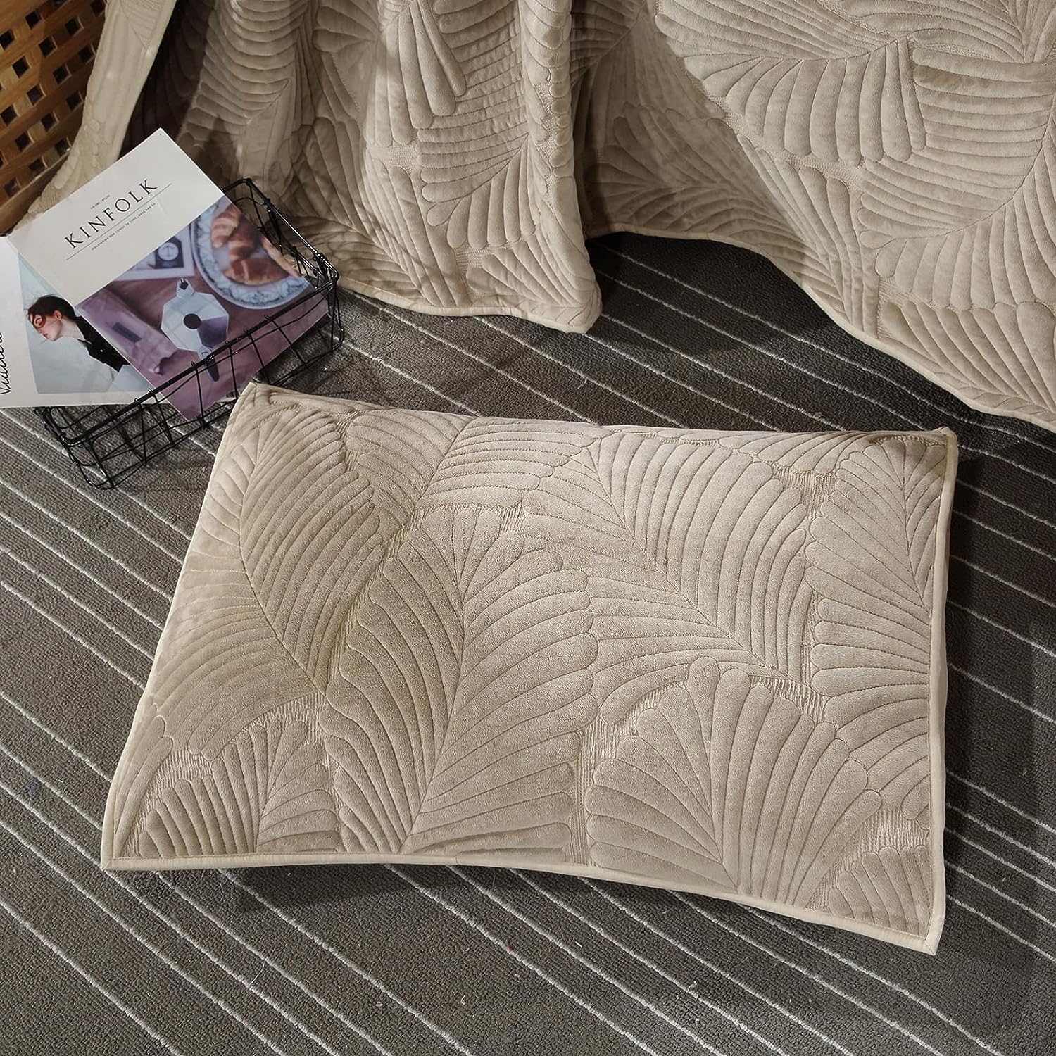 Beżowa pikowana narzuta, luksusowy aksamitny zestaw 3 narzut, pluszowa podwójna narzuta Lekki uniwersalny koc, 2 poszewki na poduszki,Beige,220X240CM