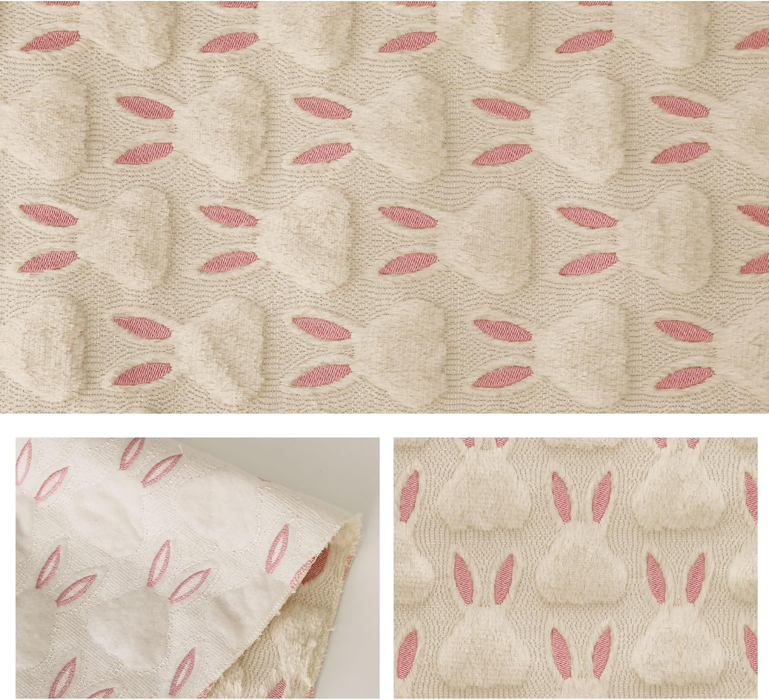Easter Table Runner 13x48 Inch Soft Plush Faux Fur Jacquard Pink Ears Beige Rabbit Table Runner, Seasonal Spring Easter Kitchen Dining Table Decoration for Home Party Decor ZR005B48