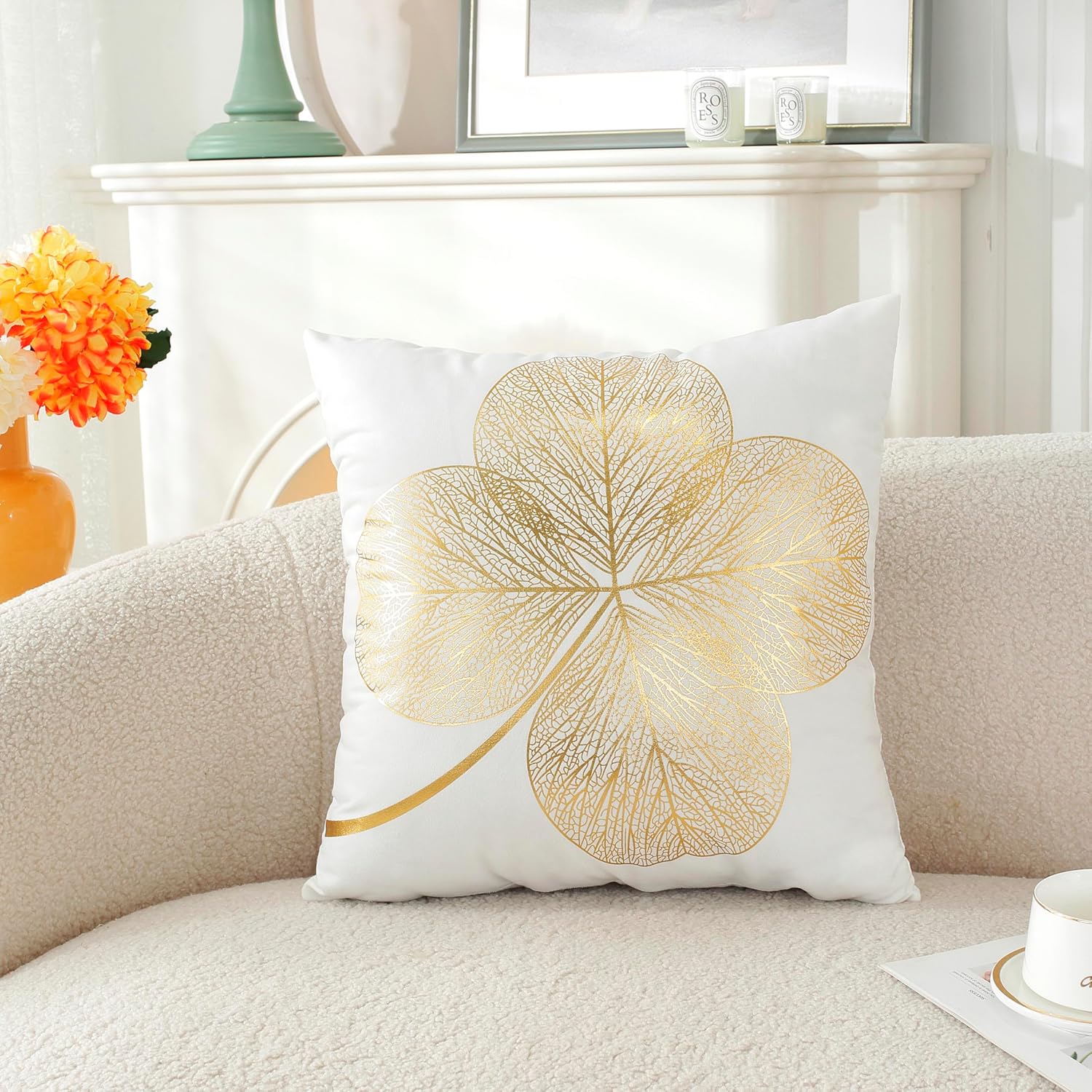 TAOSON Pack of 4, Gold Stamping Leaves Bronzing Printed Cozy Soft Throw Pillow Cases Cushion Covers Shells for Sofa Couch Bed Home Decoration 18 x 18 Inches - Image 4