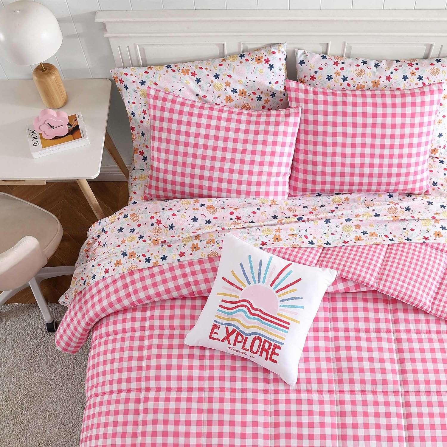 Eddie Bauer Kids - Kids Comforter Set, Super Soft Reversible Toddler Bedding with Matching Sham & Bonus Decorative Pillow, Ideal Girl Room Essentials (Preston Check Pink, Twin)