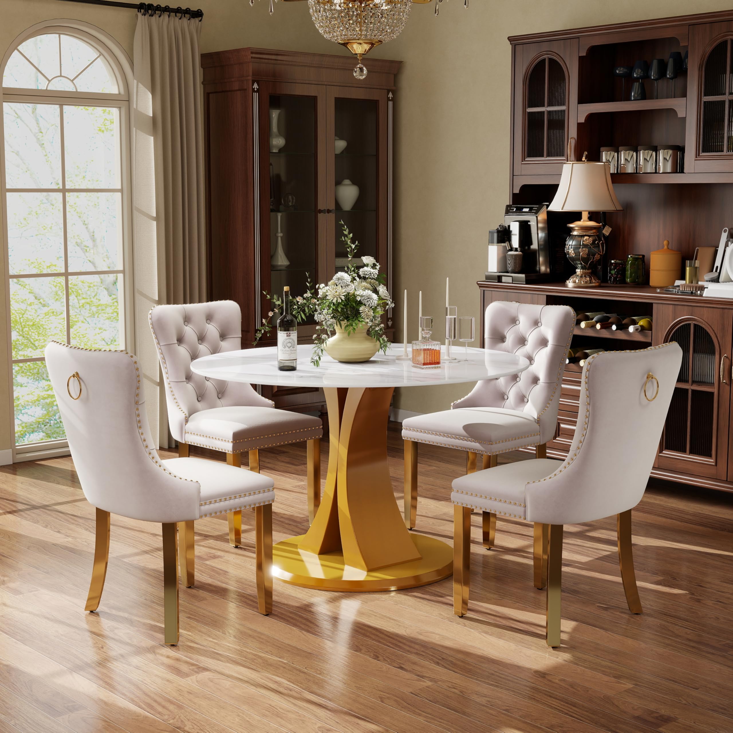 5-Piece Dining Table Set with 39In Faux Marble Table and 4 Velvet Upholstered Chairs, Modern Scandinavian Furniture for Dining Room Kitchen(Beige&amp;Gold)