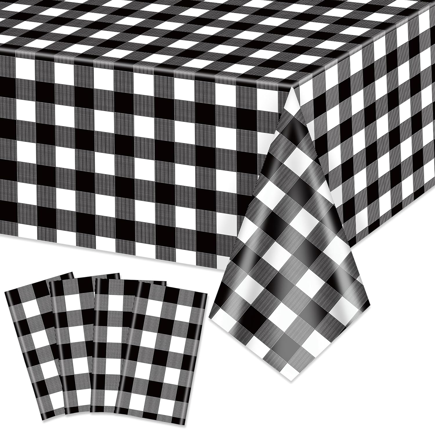 4 Pack Buffalo Plaid Tablecloths - 54x108 Disposable Plastic Black and White Lumberjack Checkered Tablecloth for Party, Picnic, Camping, Barbecue, Christmas, Holiday Table Decor