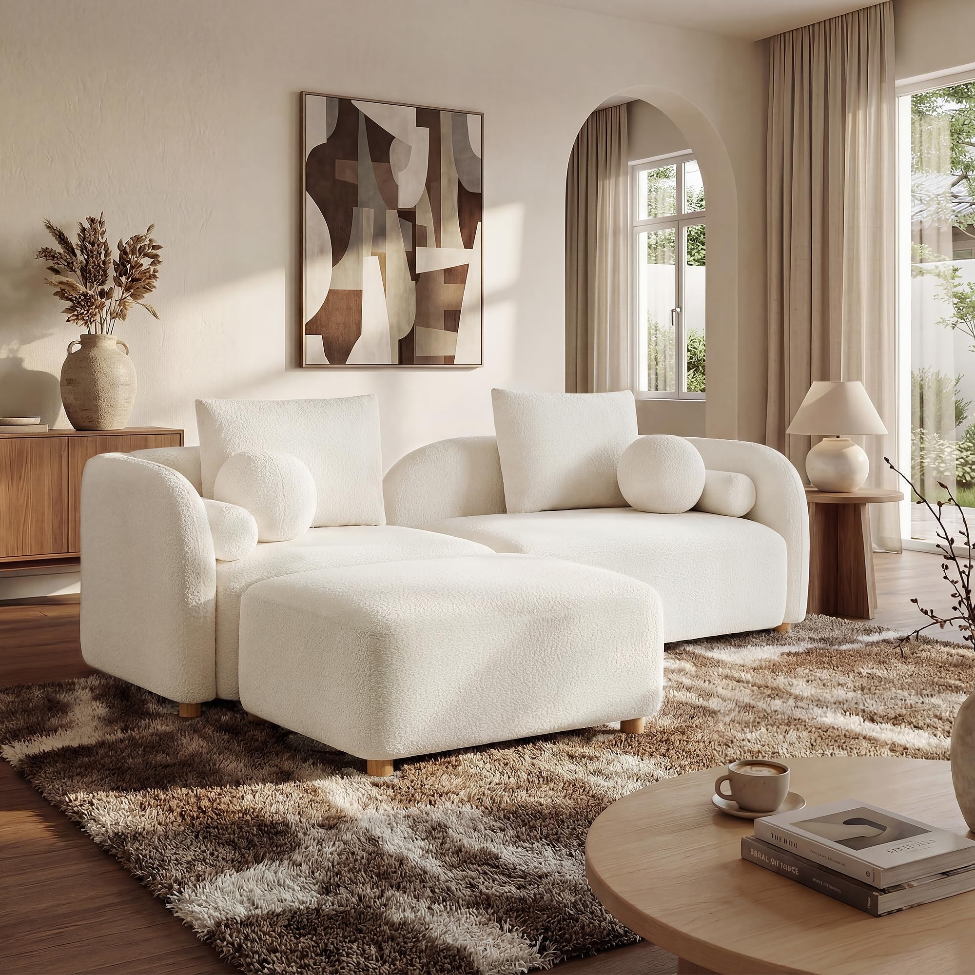 Modern Curved L Shape Sofa with Ottoman, Comfy Modular Cloud Boucle Couch with Wood Leg & Pillows, Minimalist Sofas for Living Room, Apartment, Cream White 91.75‘’ | Curved design, 6 sofa pillows, Simple assembly, Modern style