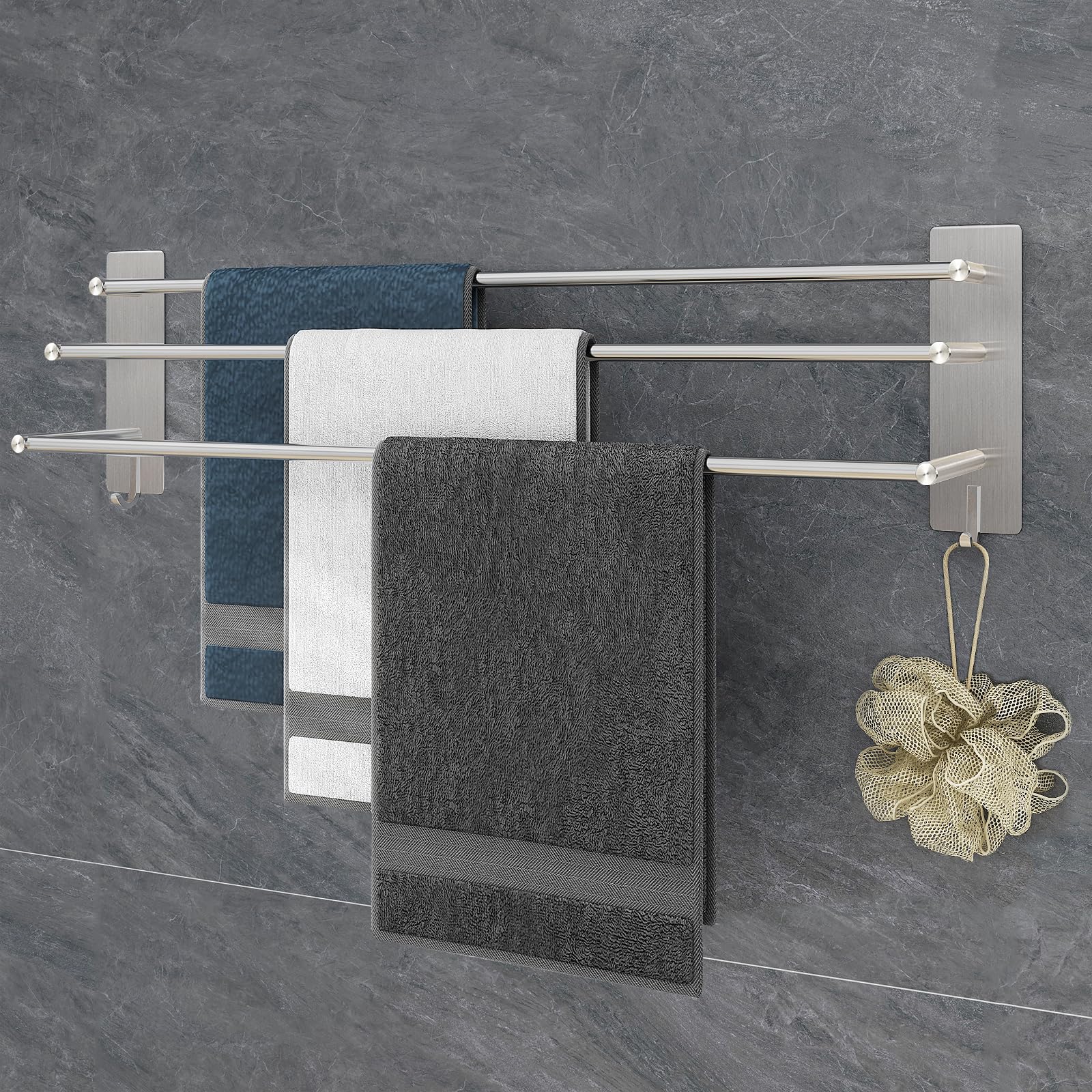 Vista Toallero SUS304 3 cierres 75 cm acero inoxidable autoadhesivo plateado soporte de baño con dos ganchos