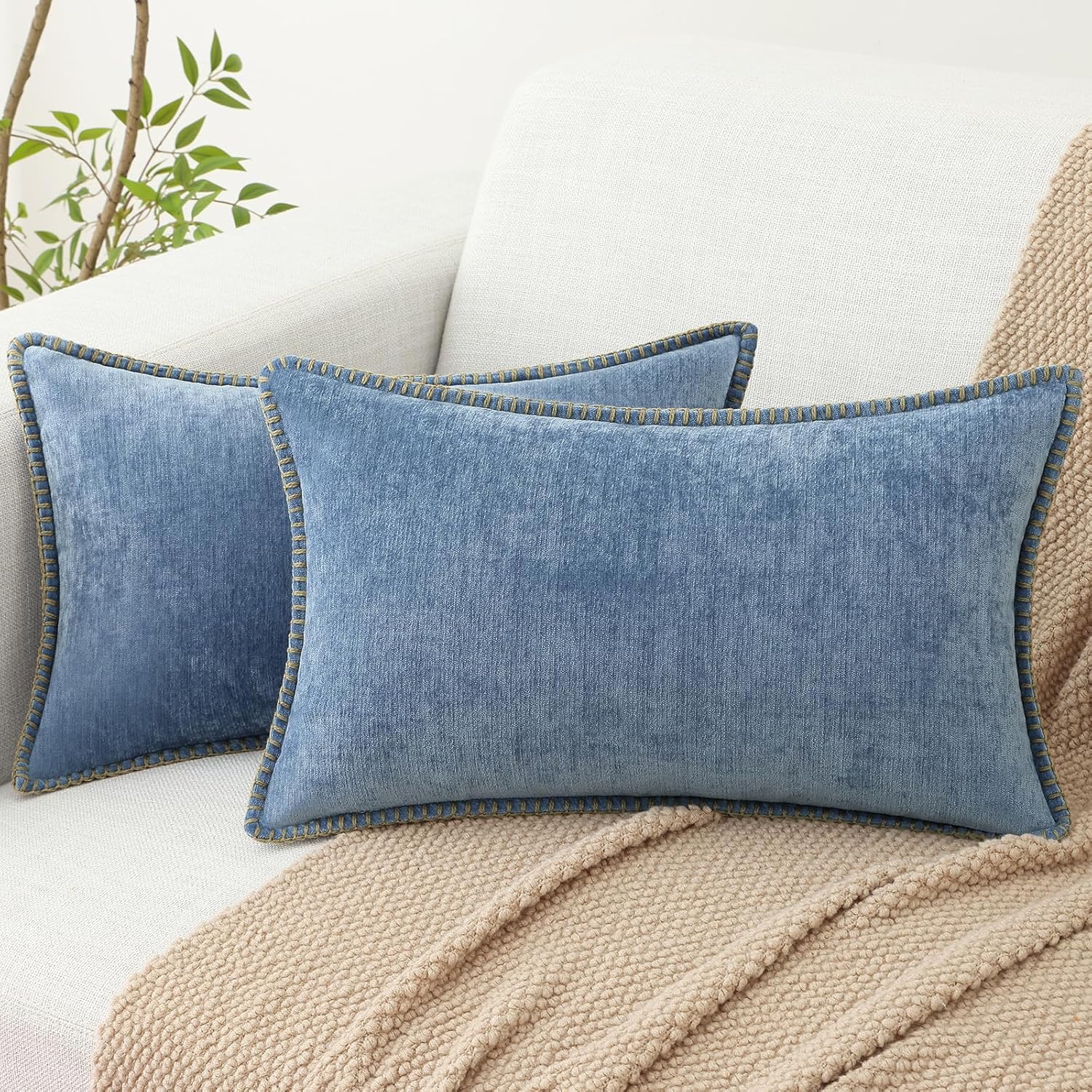 decorUhome Chenille Soft Throw Pillow Covers 12x20 Set of 2, Lumbar Velvet Farmhouse Neutral Decorative Euro Pillow Covers with Stitched Edge for Couch Sofa Bed Home Decor, Blue Grey Blue 20" x 12" (Pack of 2)