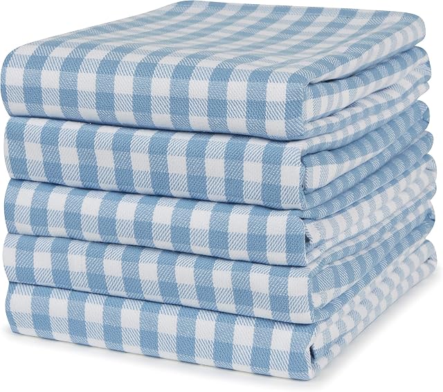 Sticky Toffee 100% Cotton Tea Towel - Blue Gingham Check Pattern, Pack of 5 | Kitchen Towel Set | Absorbent, Strong, Quick Dry & Machine Washable | For Home Decor & Bathroom Accessories