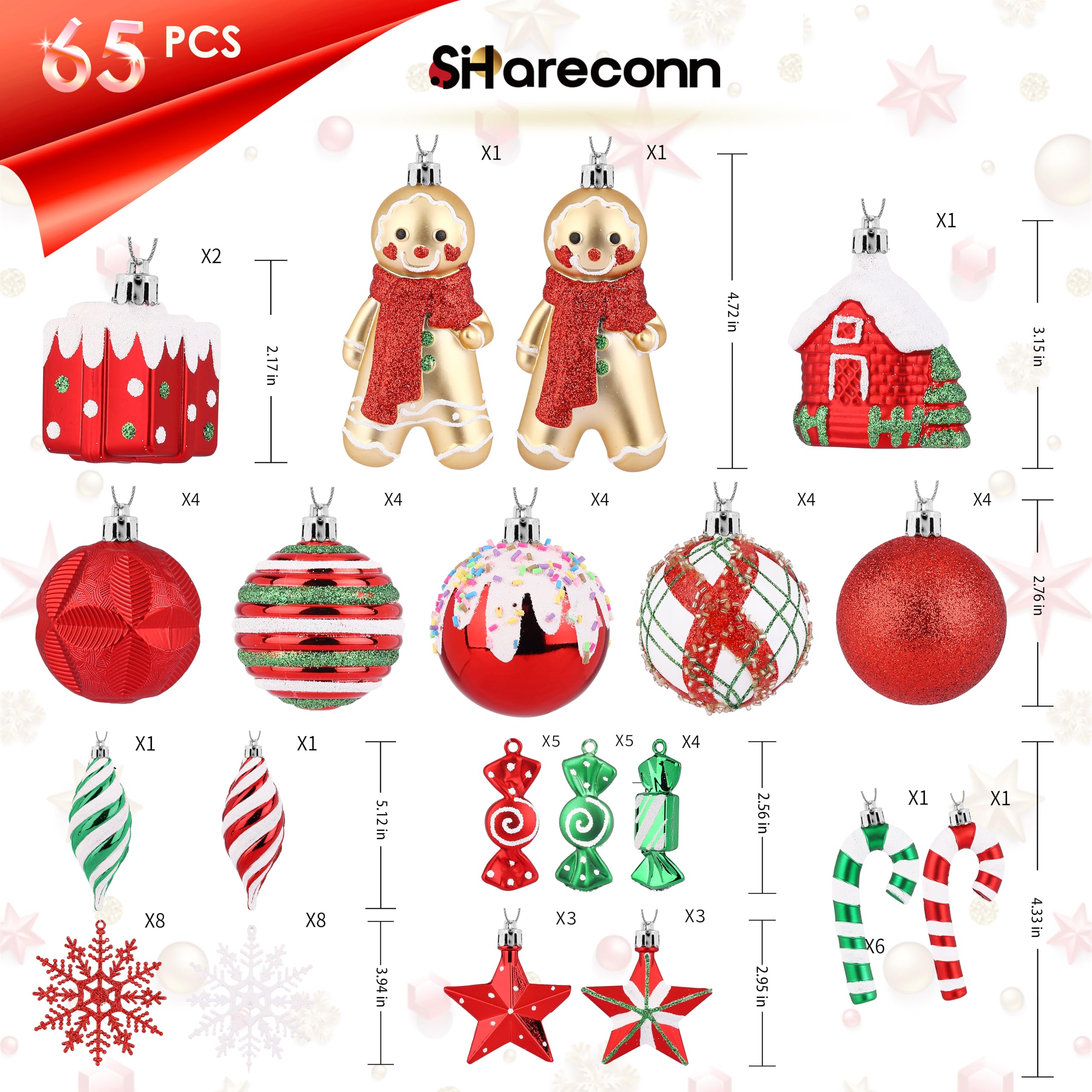 SHareconn Set di 65 Palline di Natale Decorazioni, in Plastica Infrangibile, Decorazione per Albero di Natale & Feste Matrimoni, Diverse Forme di Palline con corda, Rosso & Verde & Bianco