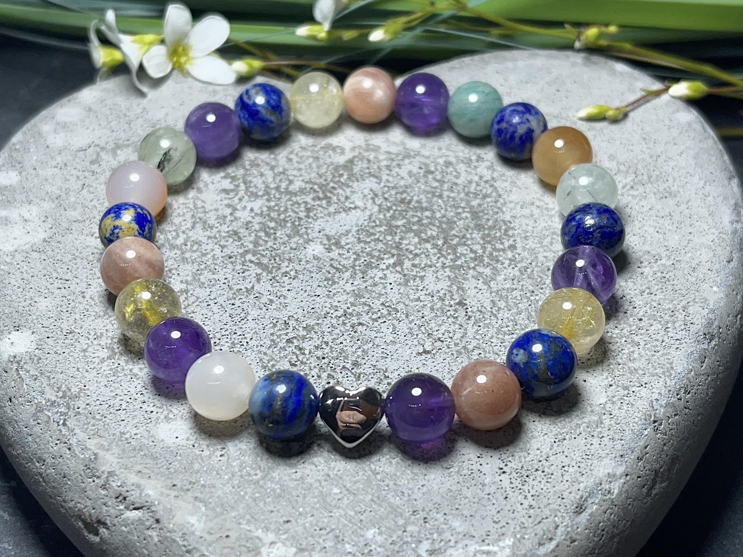 Perlenarmband echte Edelsteine 8mm mit Edelstahlherz – Symbol für Liebe & Freundschaft – Spiritueller handgemachter Schmuck