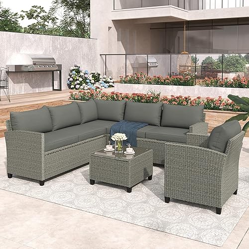 GODAFA Juego de muebles de patio al aire libre, 5 piezas, sofá seccional de conversación de ratán PE para todo tipo de clima, mesa de café y silla