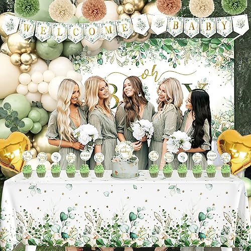 Miniatura 7 de Decoración de baby shower verde salvia para niñas y niños, 99 piezas, suministros de fiesta neutros con mantel de telón de fondo Oh Baby, kit de