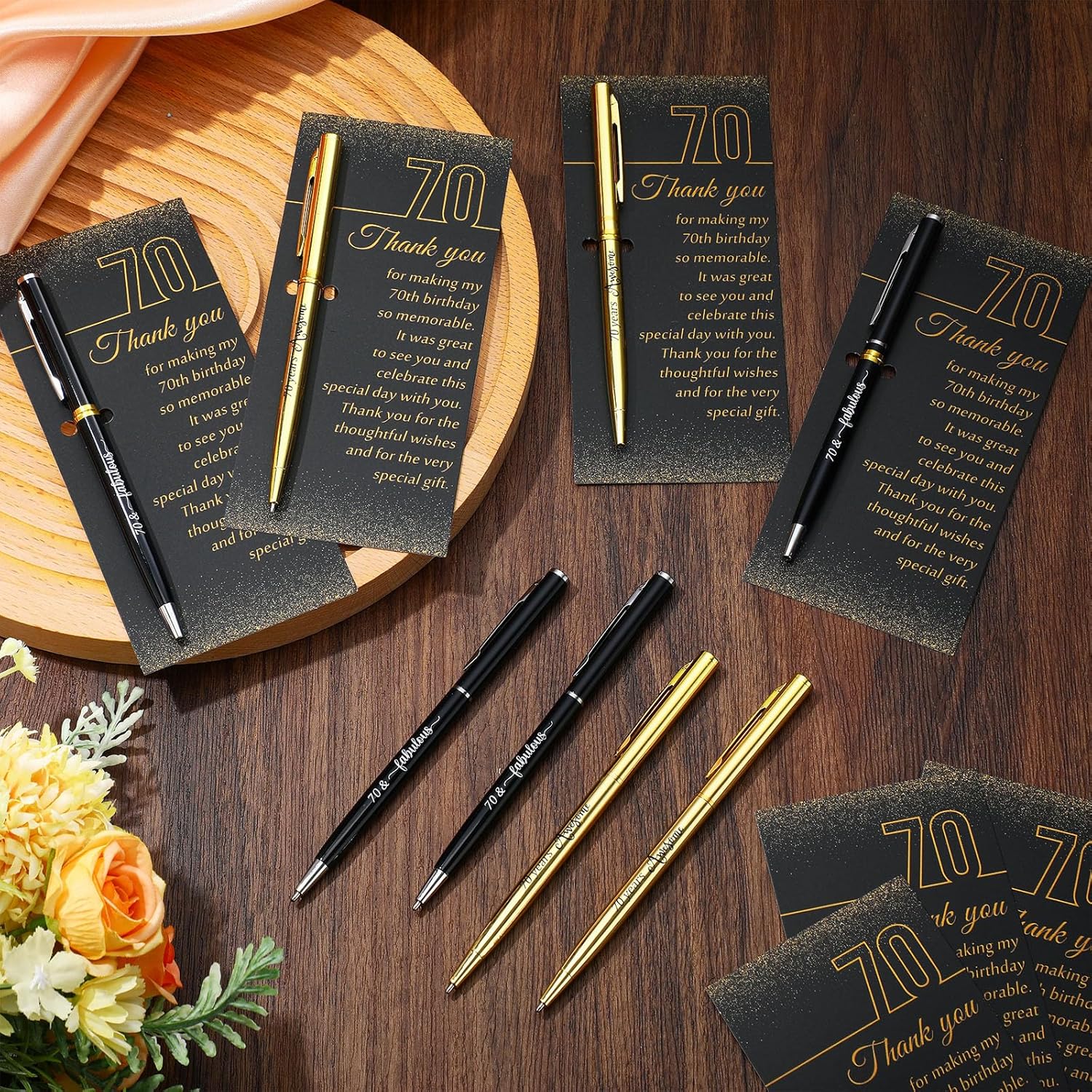 25 Sets 70th Birthday Themed Party Favors for Guests Including Birthday Ballpoint Pens and Black Gold Thank You Cards for Guests New Year Anniversary Appreciation Gifts - Image 5
