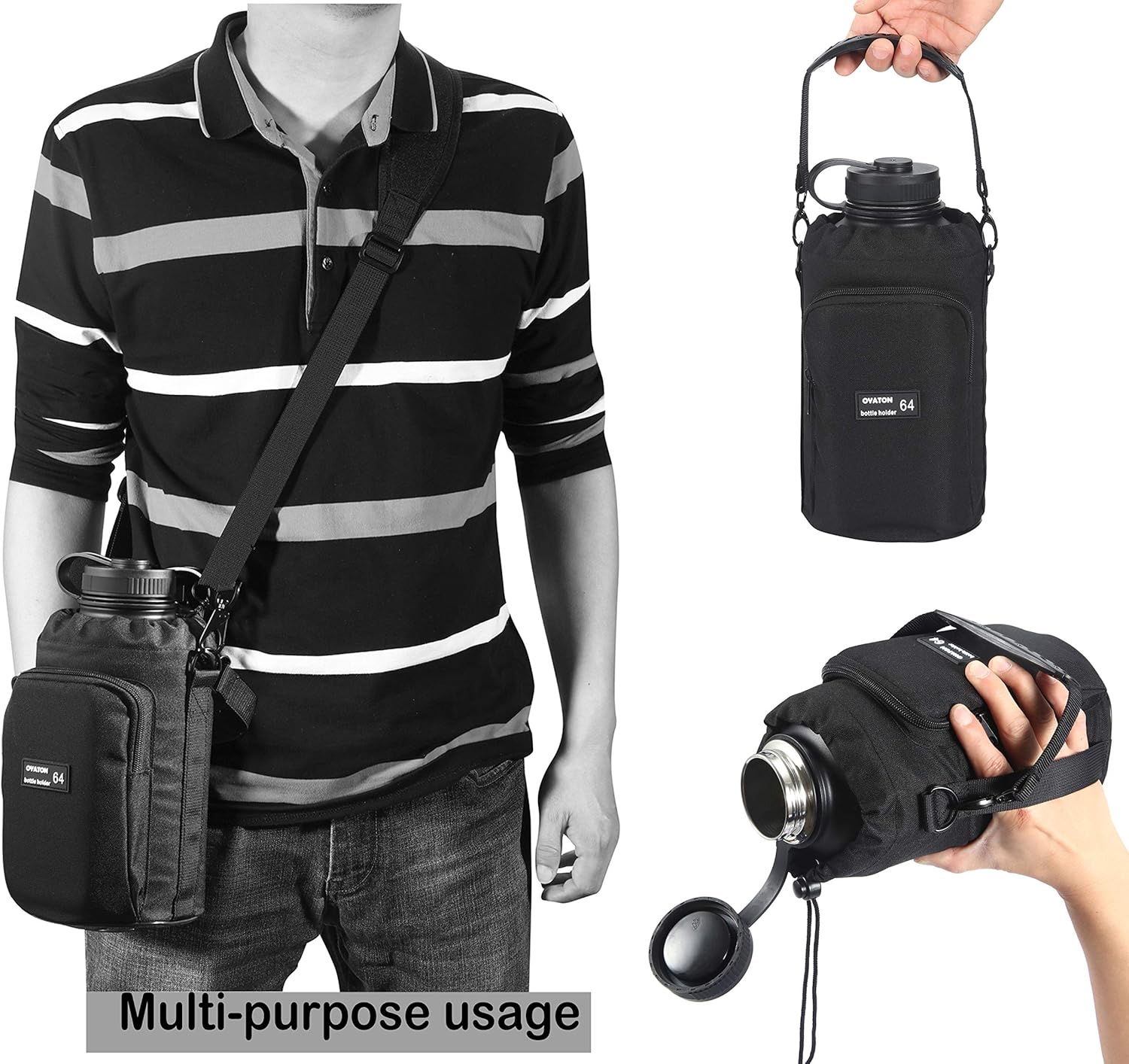 Water Bottle Holder Sling and 64 oz Water Bottle Holder with Adjustable Shoulder Strap for Carrying, Walking or Hiking