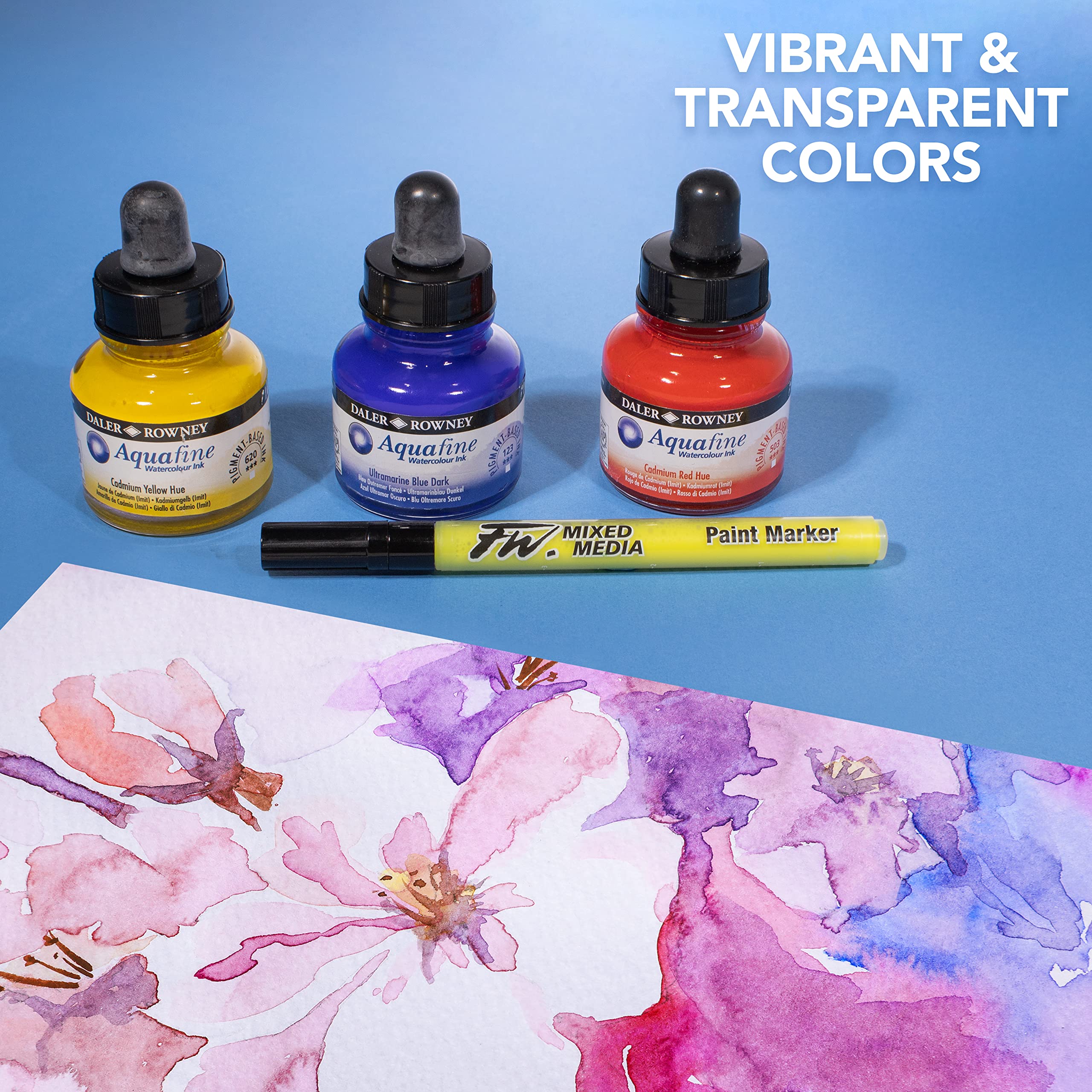 Daler-Rowney Aquafine Watercolour Ink Set, 3 x 29.5ml Bottles & 1 FW Mixed Media Marker, Assorted Colours - Image 4