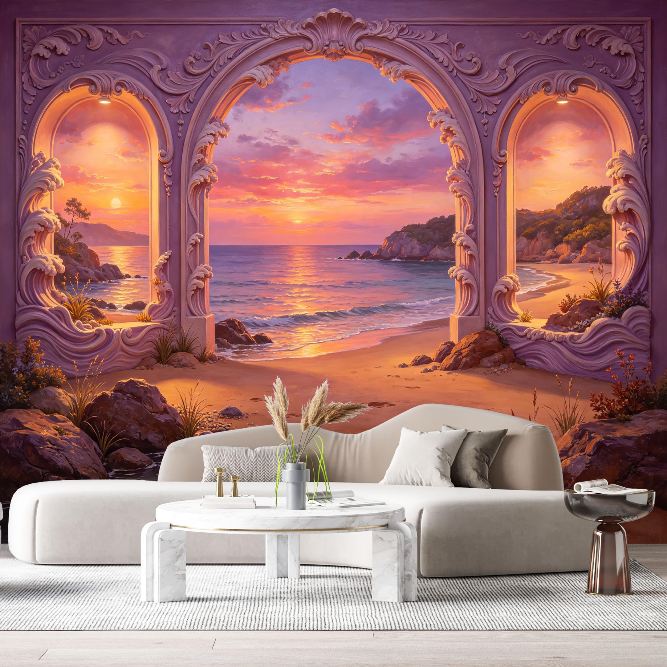 Custom Size Wall Murals Coastal Ocean Sunset Archway 3D Trompe L'Oeil SelfAdhesiveWall Fabric Removable Wallpaper Wall Decor for Living Room Bedroom Bathroom