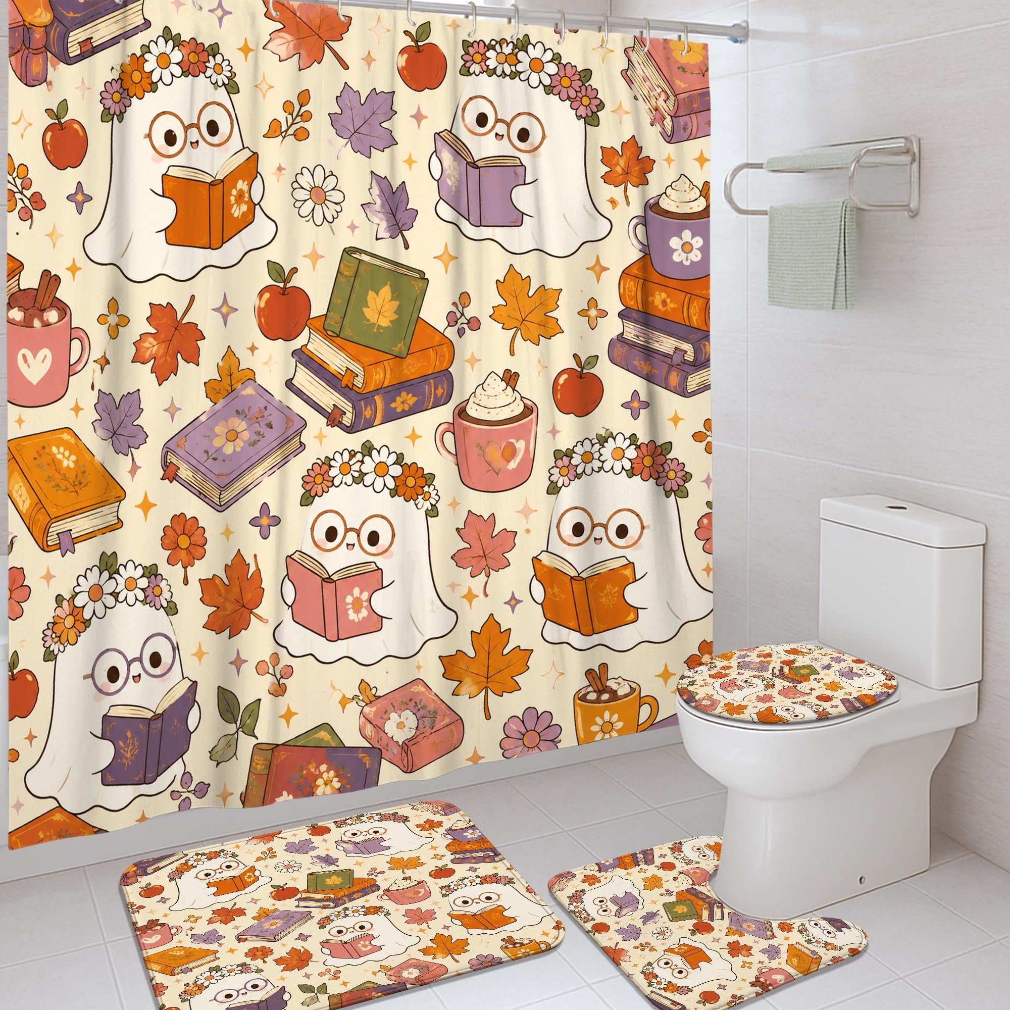 Rideau de douche fantômes étanche anti-éclaboussure avec tapis de bain de toile