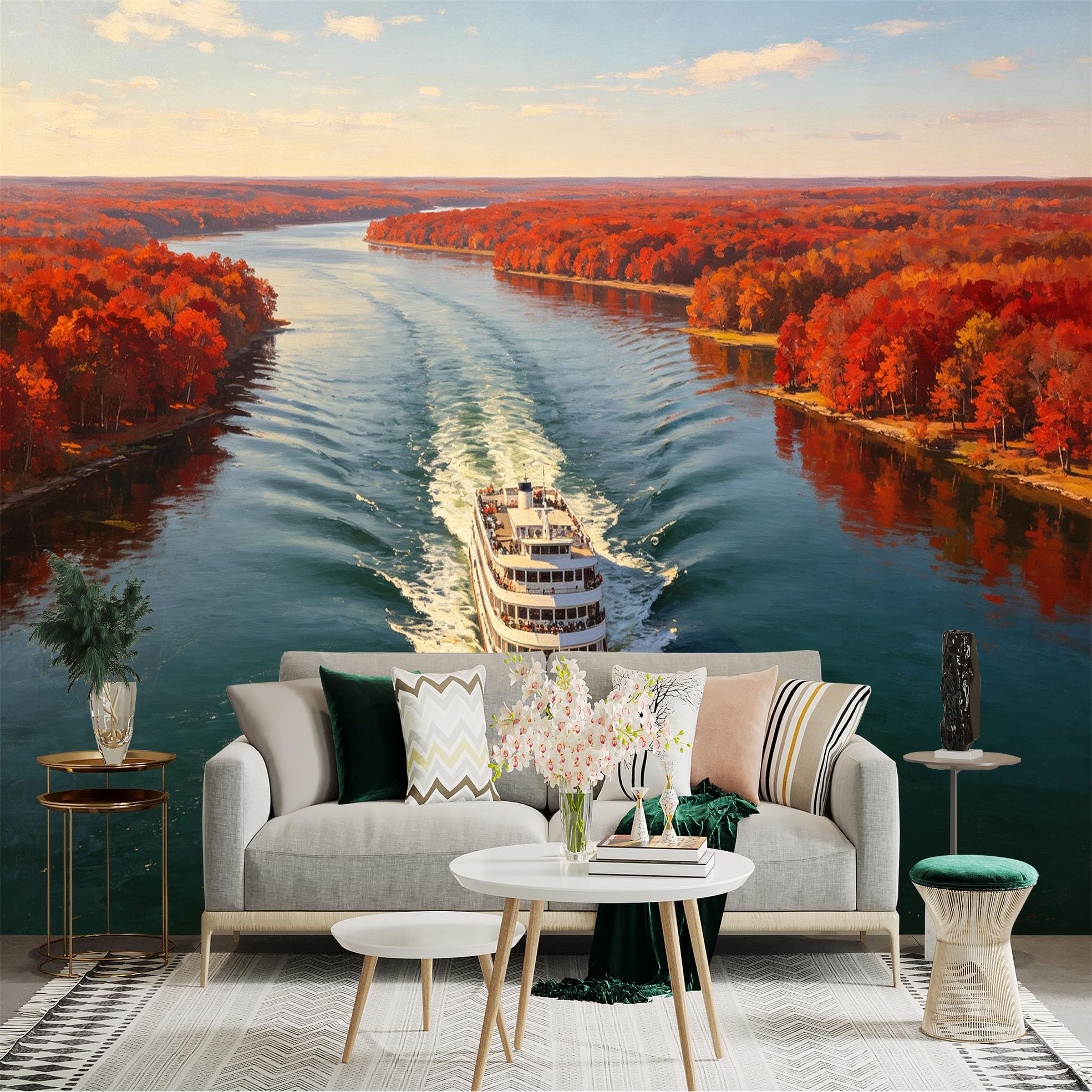 Custom Size Wall Sticker Mural， Cruise Ship Sailing on River， Vibrant Autumn Foliage， Peaceful Waterway Landscape， for wall Decoration， peelandstick wall Decals.