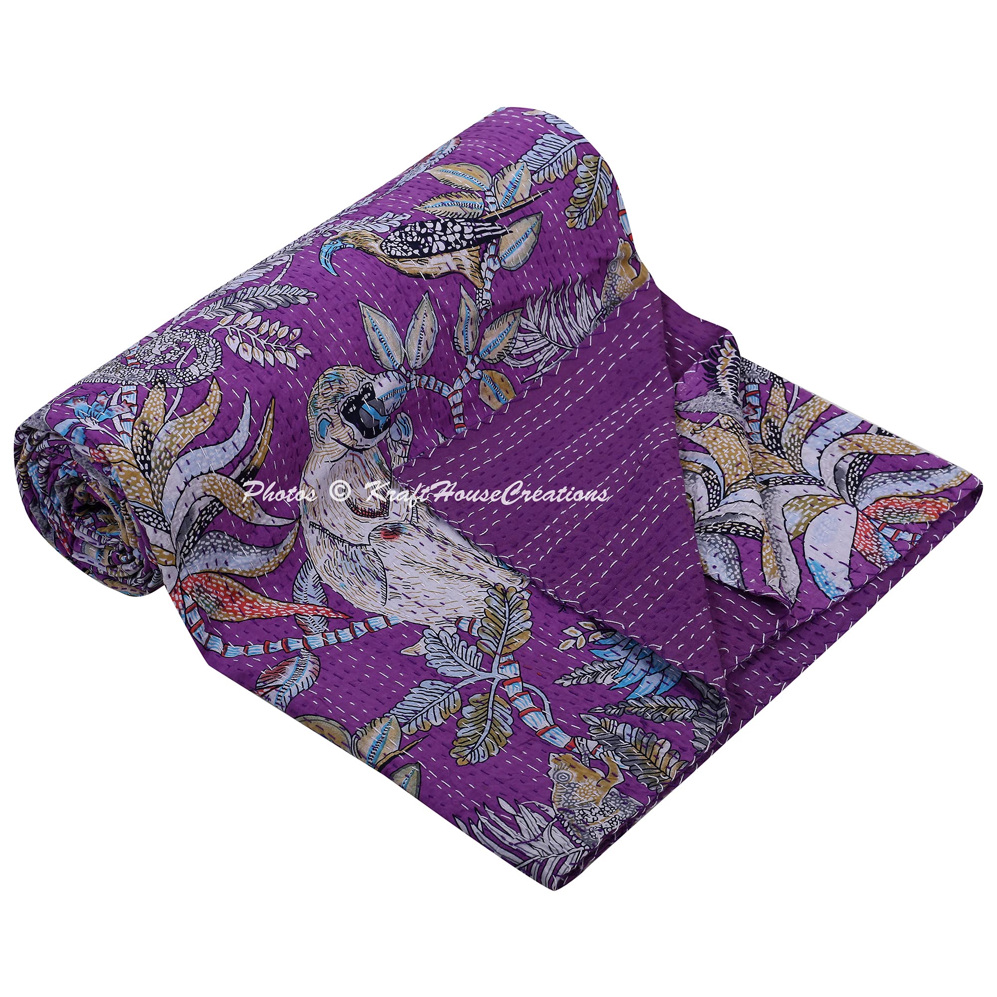 Couvre-lit Kantha artisanal en pur coton imprimé animal violet premium