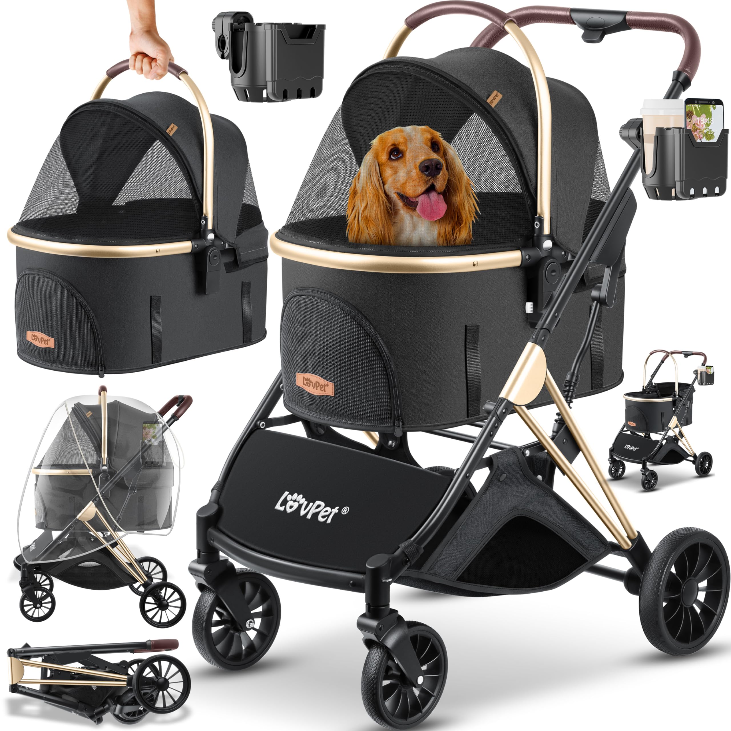 LOVPET® Cochecito para Perros y Gatos 3en1 Carrito Plegable | Transporte Bolsa 360° Ruedas Grandes | Transportín para Mascotas, Red & Cubierta para la lluvia, Jogger