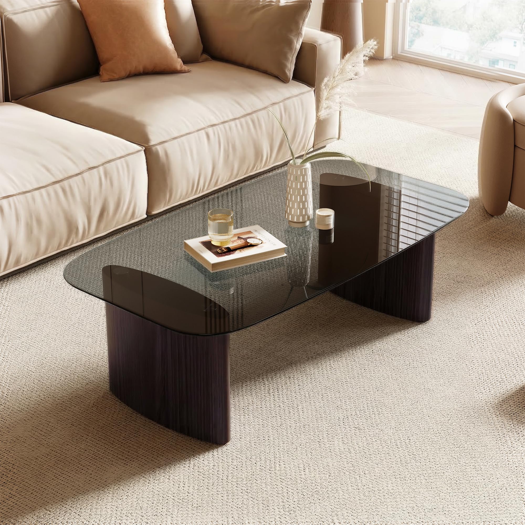 Modern Glass Coffee Table Coffee Table for Living Room Tempered Glass-top with Sturdy Wooden Base Modern Coffee Tables