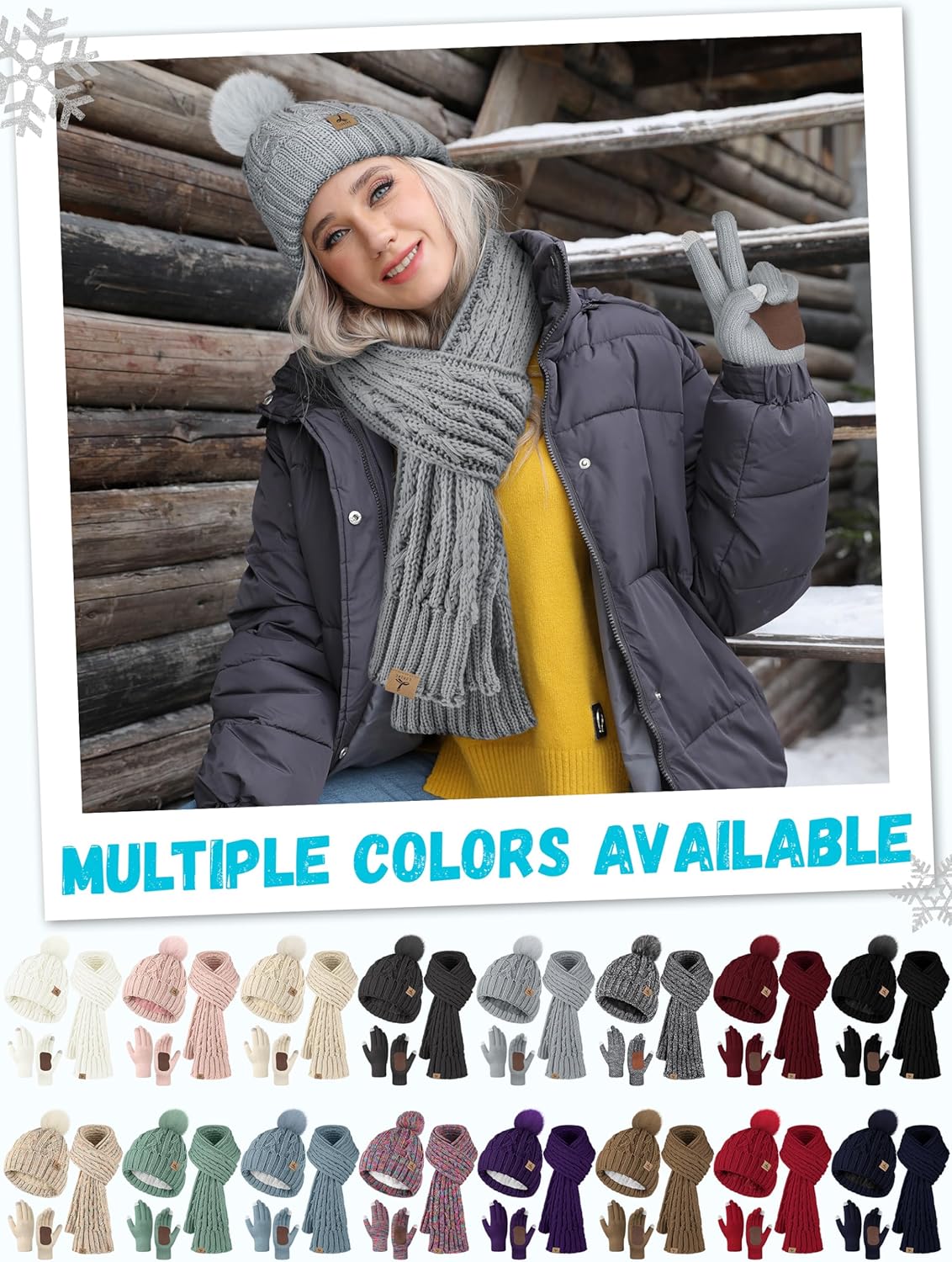 Winter Hat Scarf Gloves Set,Fleece Lined Pom Pom Beanie Hat Warm Knit Long Scarf Touchscreen Gloves Winter Gifts for Women - Image 6
