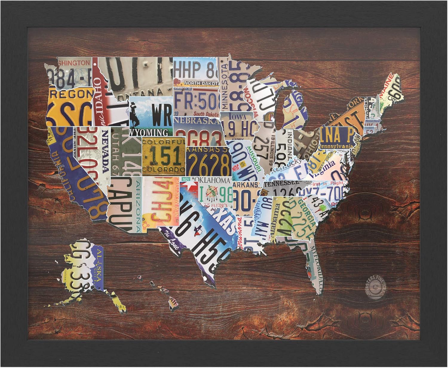 Trademark Fine Art USA License Plate Map on Wood by Masters Fine Art, Black Frame 16x20, Multi-Color
