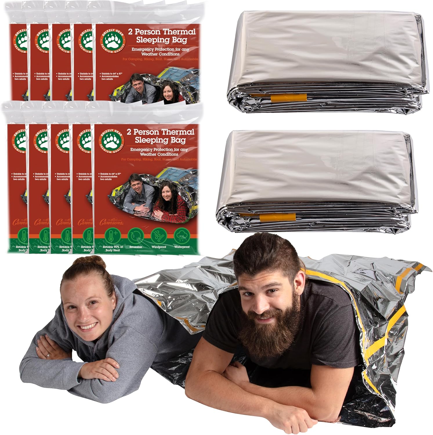 Emergency Thermal Mylar 2 Person Sleeping Bags- 1 Pack -Ultra Compact for Camping, Survival, Disaster Bivouac Shelter- Pocket Sized, 7.25ft x 5.25ft - Retains 90% of Body Heat and Repels Wind & Water