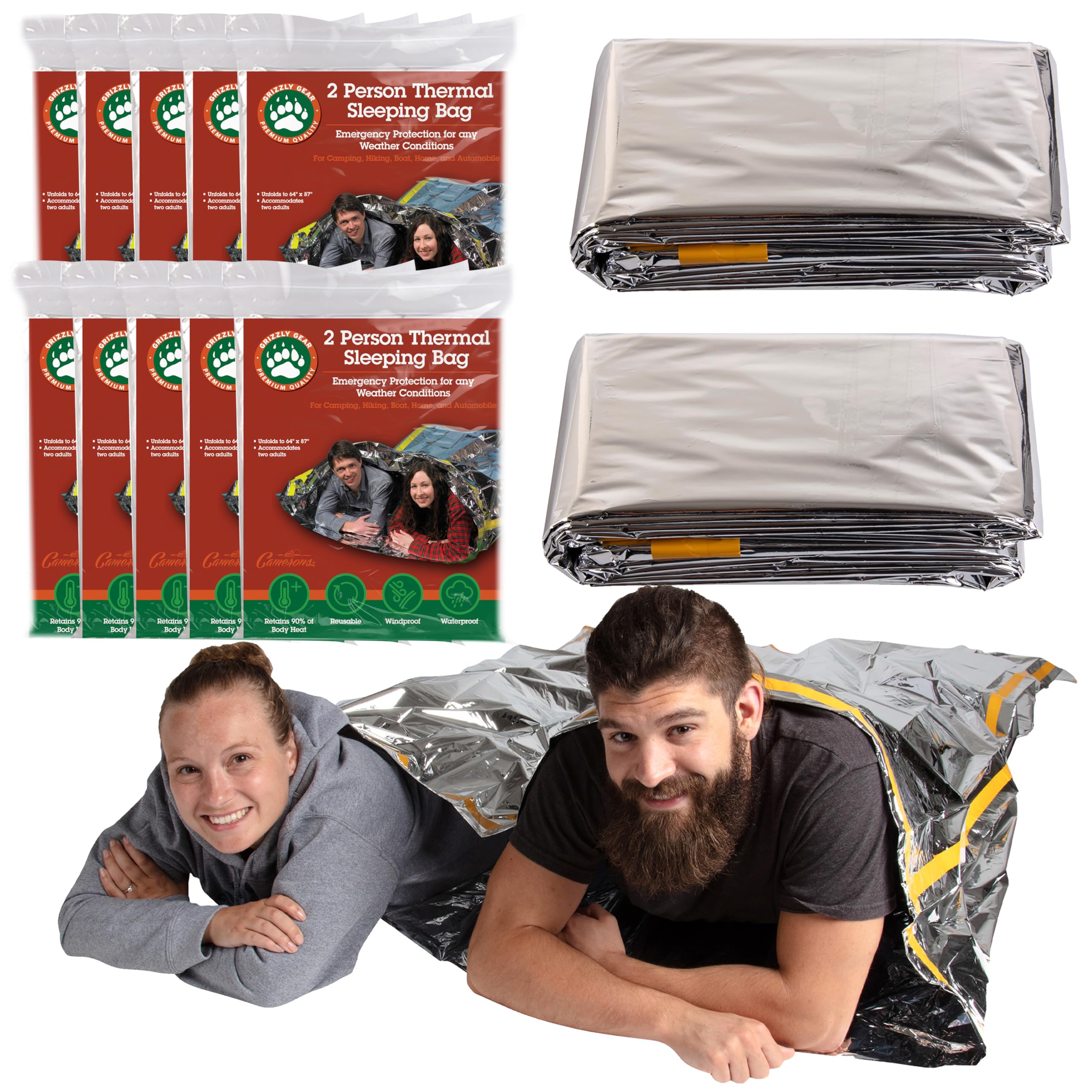 Grizzly Gear Emergency Survival Mylar Thermo-Schlafsack für 2 Personen, für 2 Erwachsene, 162,6 x 221 cm