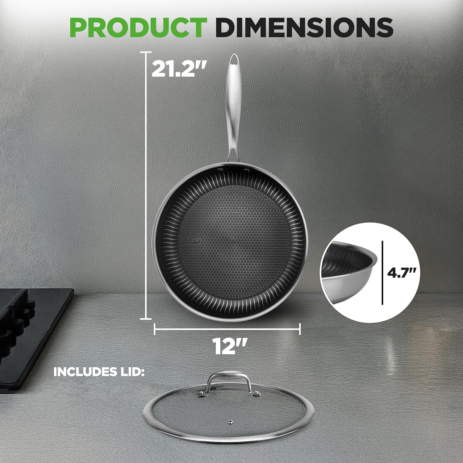 NutriChef 12" Stainless Steel Frying Pan with Lid- Triply Hybrid Large Skillet, Scratch-resistant Raised-up Honeycomb Fire Textured Pattern, Oven & DIshwasher Safe, NC3PL12