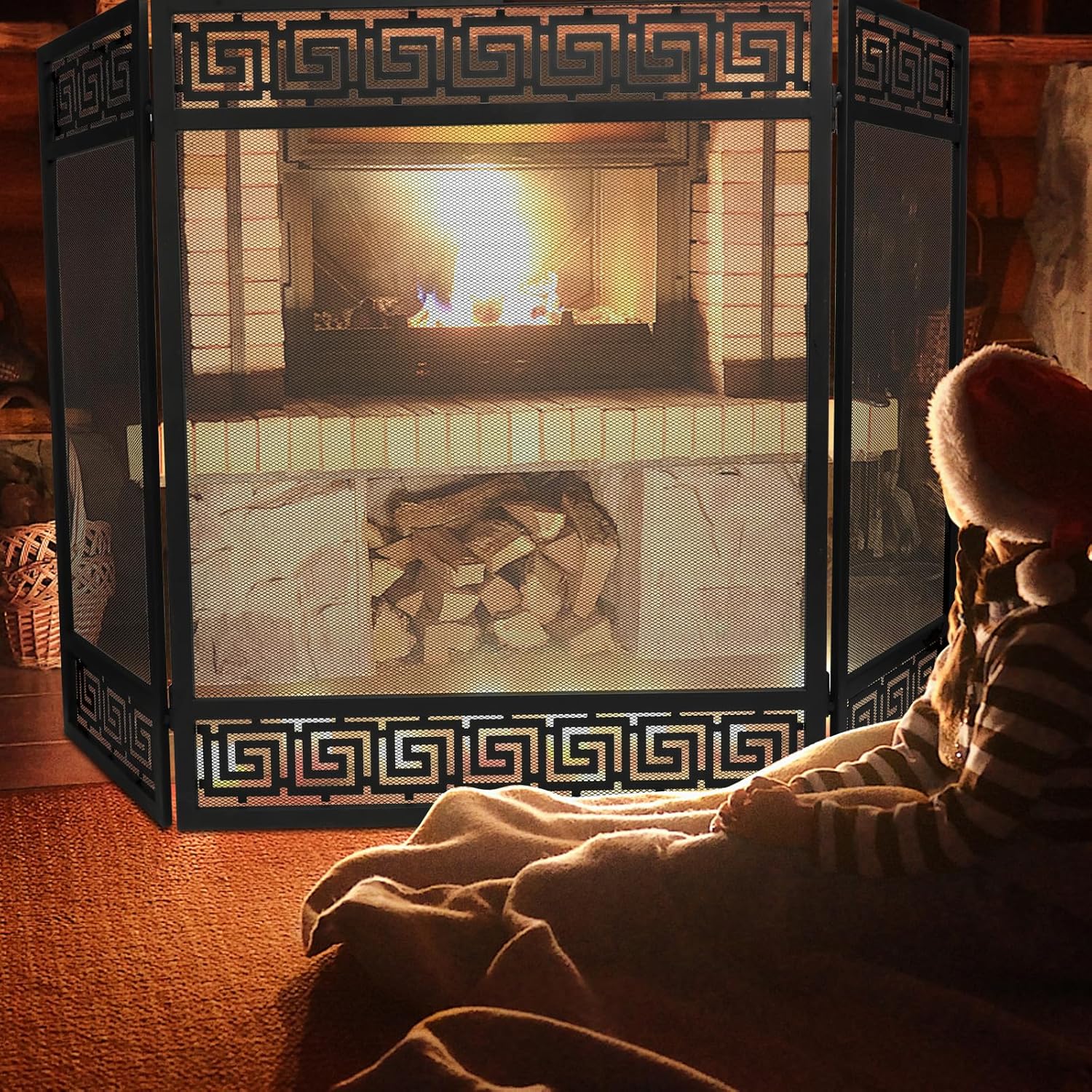 3 Panel Fireplace Screen, Extra Large Fire Place Screens Stand Alone, 50" x 32" Wrought Iron Mesh Spark Guard, No Assembly Required, Decorative Geometric Pattern, Black