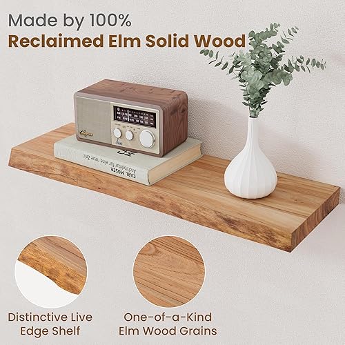 Miniatura 3 de Estantes flotantes para decoración de pared, estantes flotantes rústicos de madera maciza de olmo con borde vivo, estantes de pared con soporte