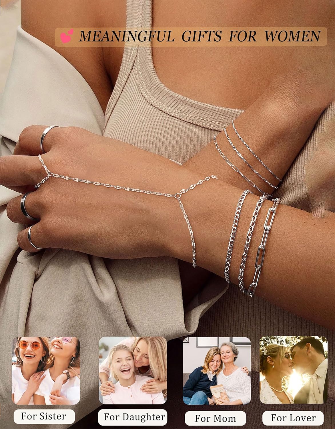Hand Chain Gold Silver Bracelets for Women 14K Gold plated Hand Chain Bracelet Non Tarnish Satellite Bead Dot CZ Pearl Link Ring Bracelet Trendy Hand Jewelry Gifts for Women Adjustable - Image 7