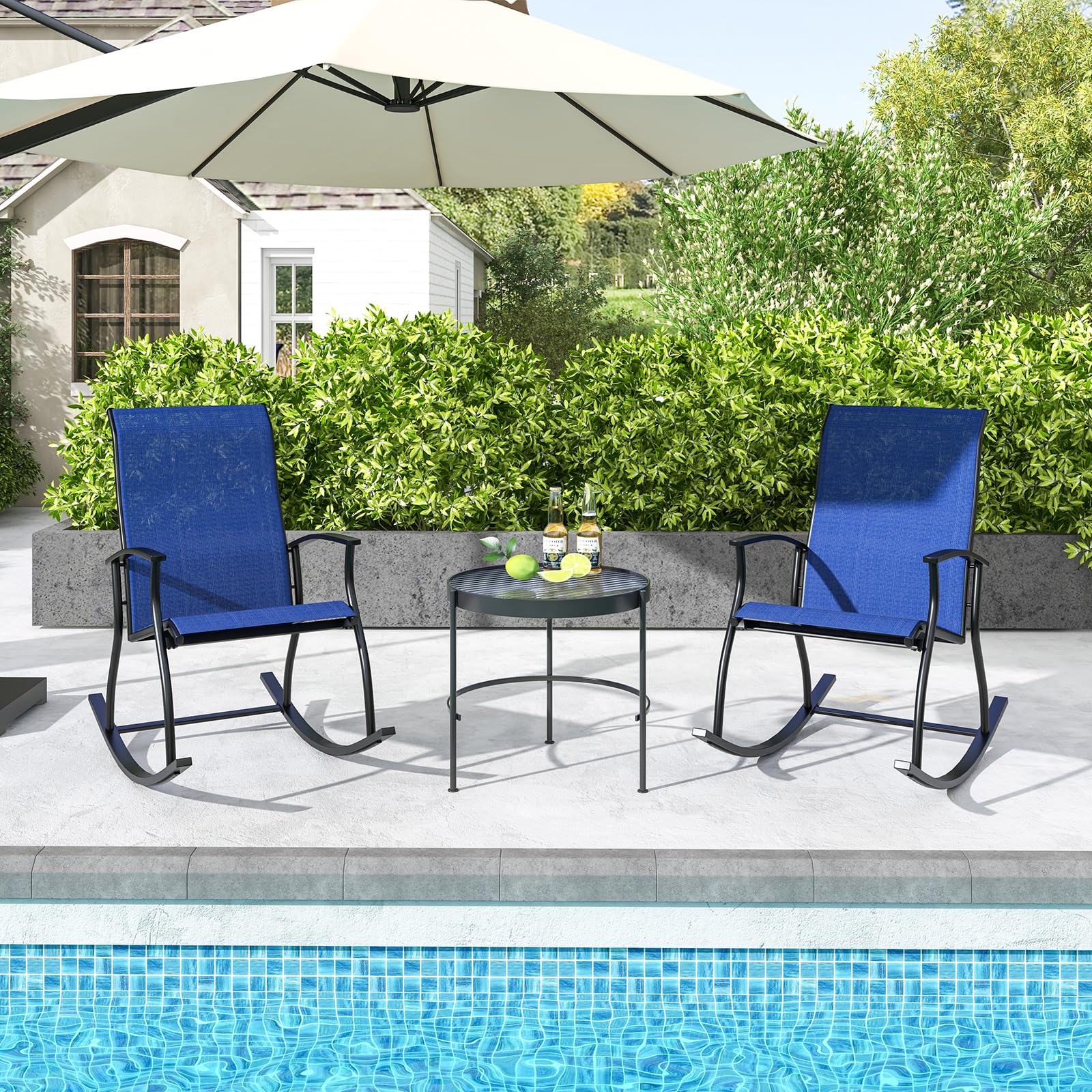 COSTWAY 2er Set Schaukelstühle, Schaukelsessel mit hoher Rückenlehne und atmungsaktivem Sitzstoff, Gartenstühle für Garten, Veranda, Pool, Blau